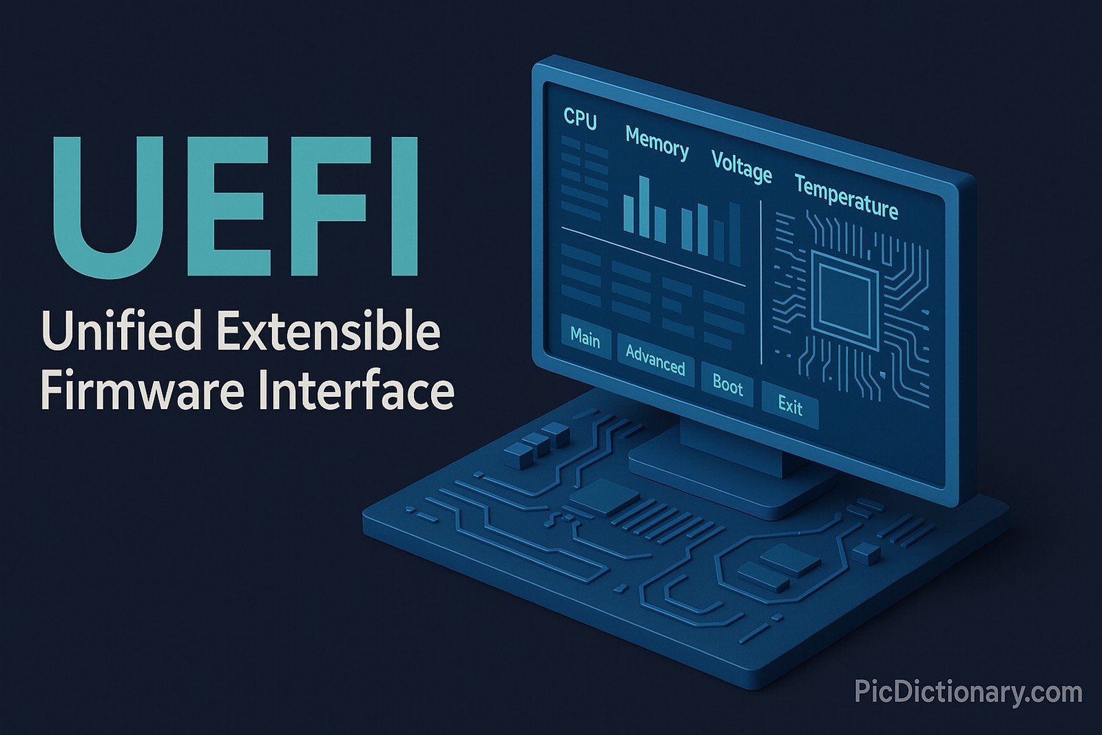 A 3D-rendered digital graphic features the UEFI (Unified Extensible Firmware Interface) concept. The left side displays the title "UEFI" in bold teal text with the subtitle "Unified Extensible Firmware Interface" underneath. On the right, a stylized monitor sits on a motherboard surface, showing a modern UEFI interface with labeled tabs like "Main", "Advanced", "Boot", and "Exit", alongside charts for CPU, memory, voltage, and temperature. 