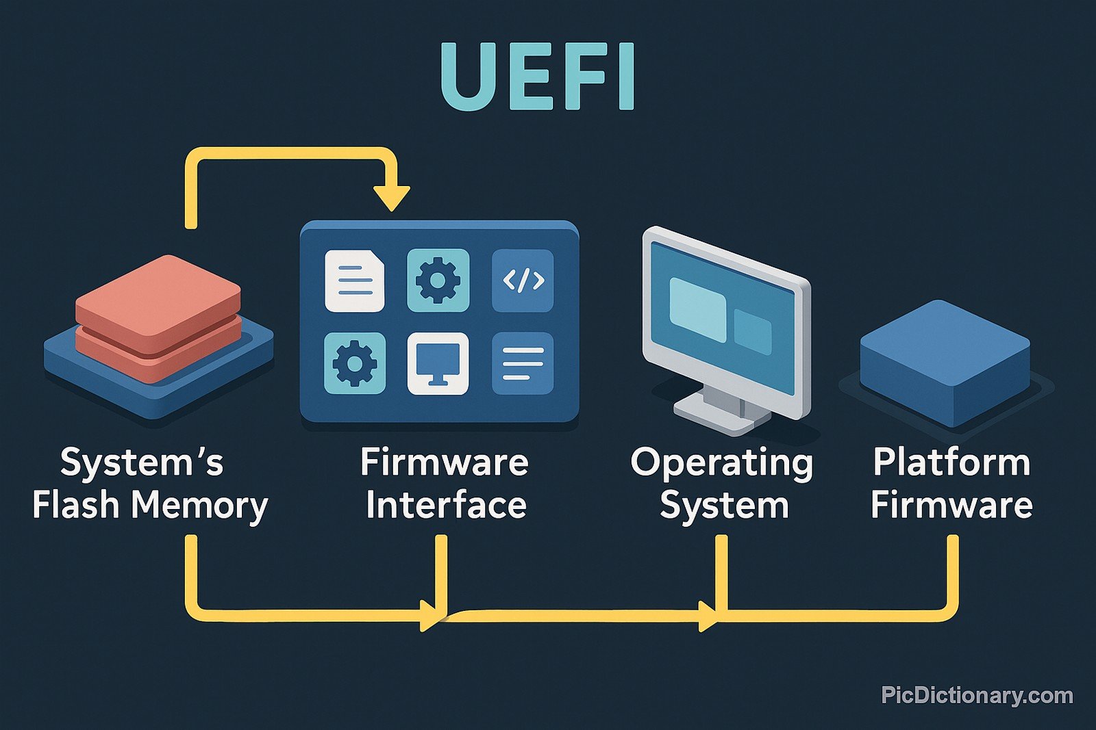 A 2D digital infographic depicts UEFI (Unified Extensible Firmware Interface) using an isometric design on a dark blue background. It shows a workflow from “System’s Flash Memory” to “Firmware Interface,” then to “Operating System,” and finally to “Platform Firmware.” Each stage is represented by a distinct 3D-style icon—stacked chips, a settings dashboard, a monitor, and a block.