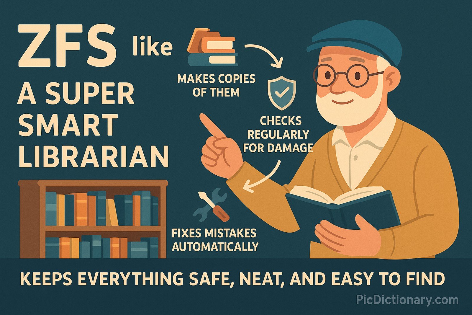 A 2D digital illustration explains ZFS (Zettabyte File System) using a librarian metaphor. A friendly elderly librarian is shown pointing to text and icons: "Makes copies of them" (stack of books), "Checks regularly for damage" (shield with a checkmark), and "Fixes mistakes automatically" (wrench and screwdriver). 