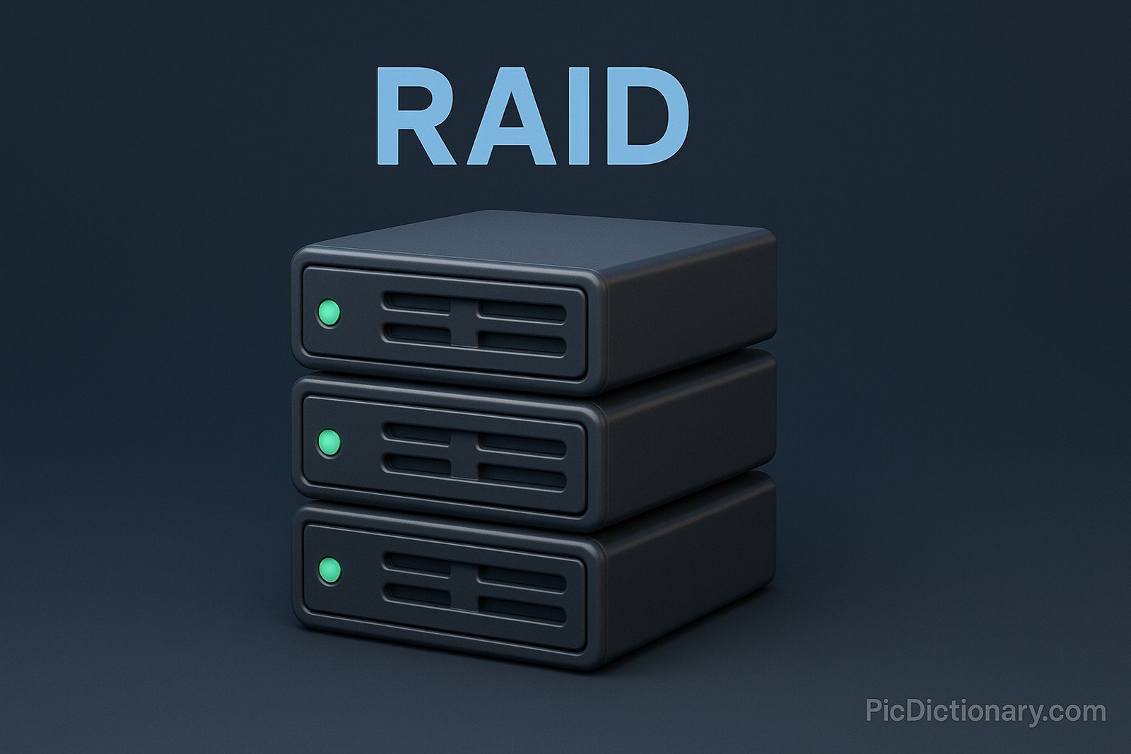 A 3D-rendered digital image features three vertically stacked hard disk drives representing a RAID (Redundant Array of Independent Disks) setup. The drives are uniformly designed in dark gray with green LED indicators, and the word "RAID" is prominently displayed above in large, light blue capital letters.