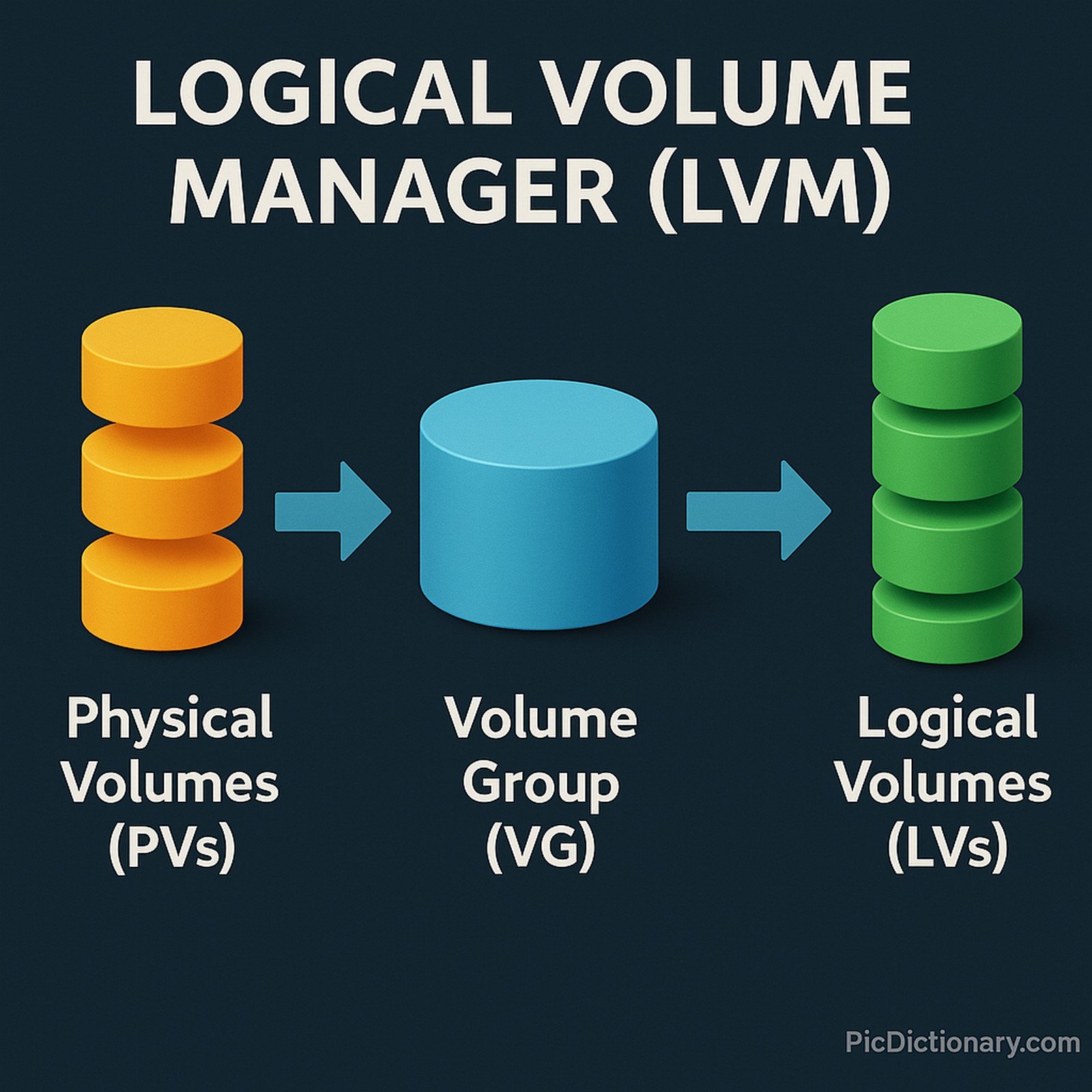 A 3D-style infographic explaining Logical Volume Manager (LVM) in Linux. On a dark background, three stages are shown left to right: orange cylinders labeled "Physical Volumes (PVs)," a central blue cylinder labeled "Volume Group (VG)," and green stacked cylinders labeled "Logical Volumes (LVs)."