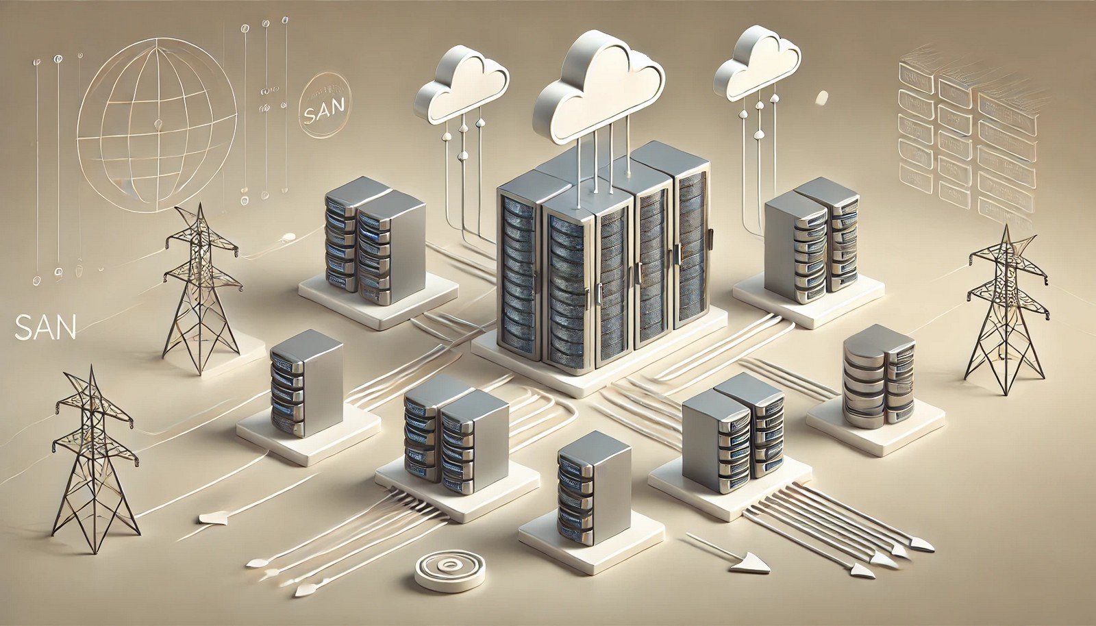 Minimalistic illustration of multiple servers connected to a centralized storage vault with arrows and motion lines showing fast data transfer, representing a Storage Area Network with a clean, modern design.