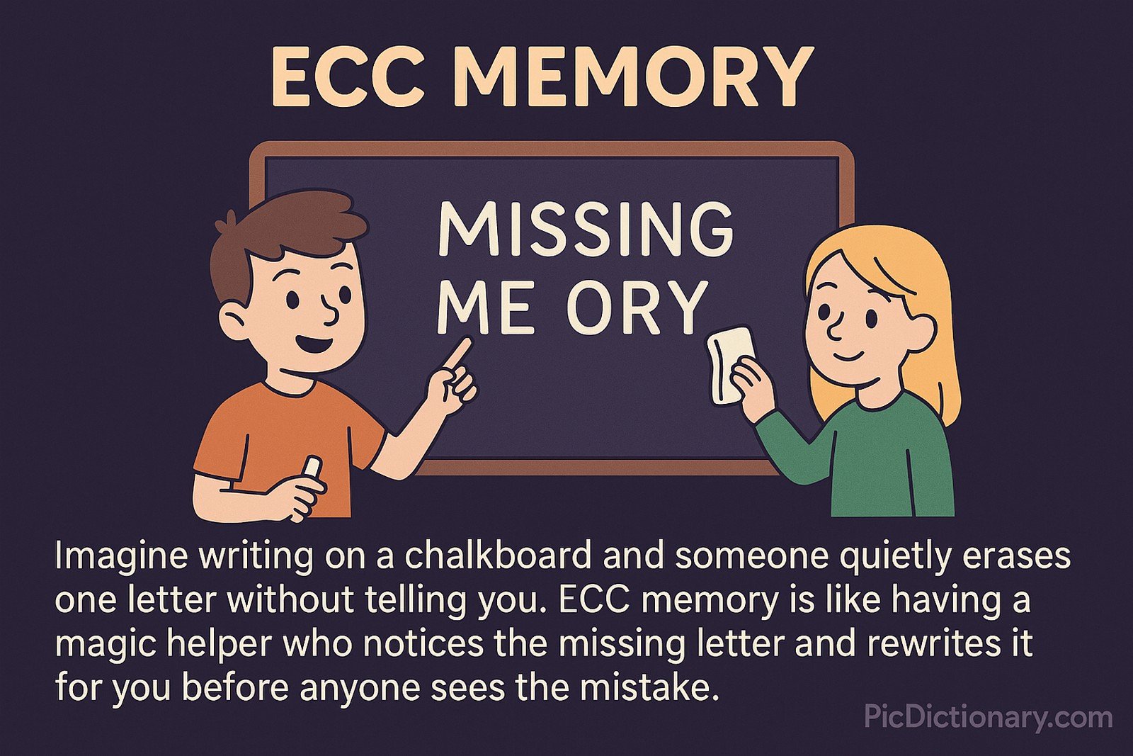 A two-dimensional digital illustration on ECC (Error-Correcting Code) Memory shows a boy pointing at a chalkboard with the phrase “MISSING ME ORY,” indicating a missing letter, while a girl nearby holds an eraser. The image includes an explanatory caption likening ECC to a “magic helper” who silently corrects the missing letter, ensuring clarity.