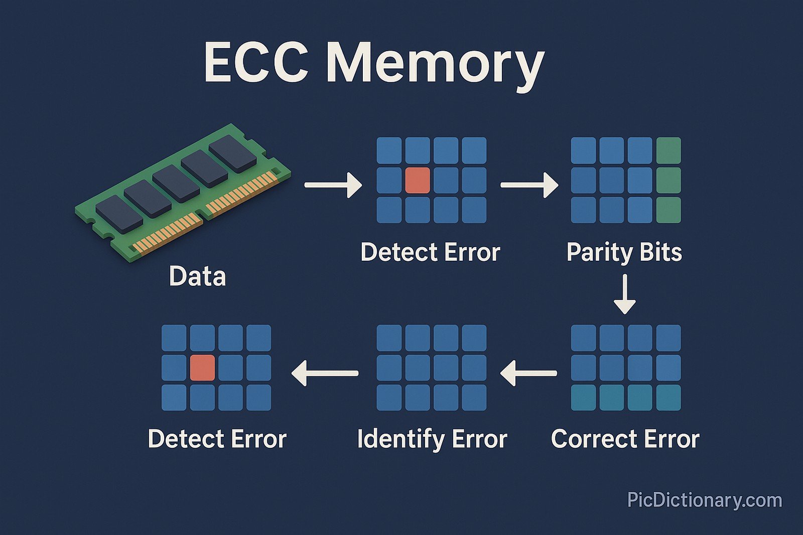 A 3D-style infographic titled "ECC Memory" explains the error-correction process. On a dark blue background, it begins with a labeled RAM module marked “Data.” Arrows guide the flow through labeled steps: “Detect Error” shows a red block among blue, “Parity Bits” displays green blocks added to a data grid, followed by “Correct Error,” “Identify Error,” and another “Detect Error” stage showing a restored grid.