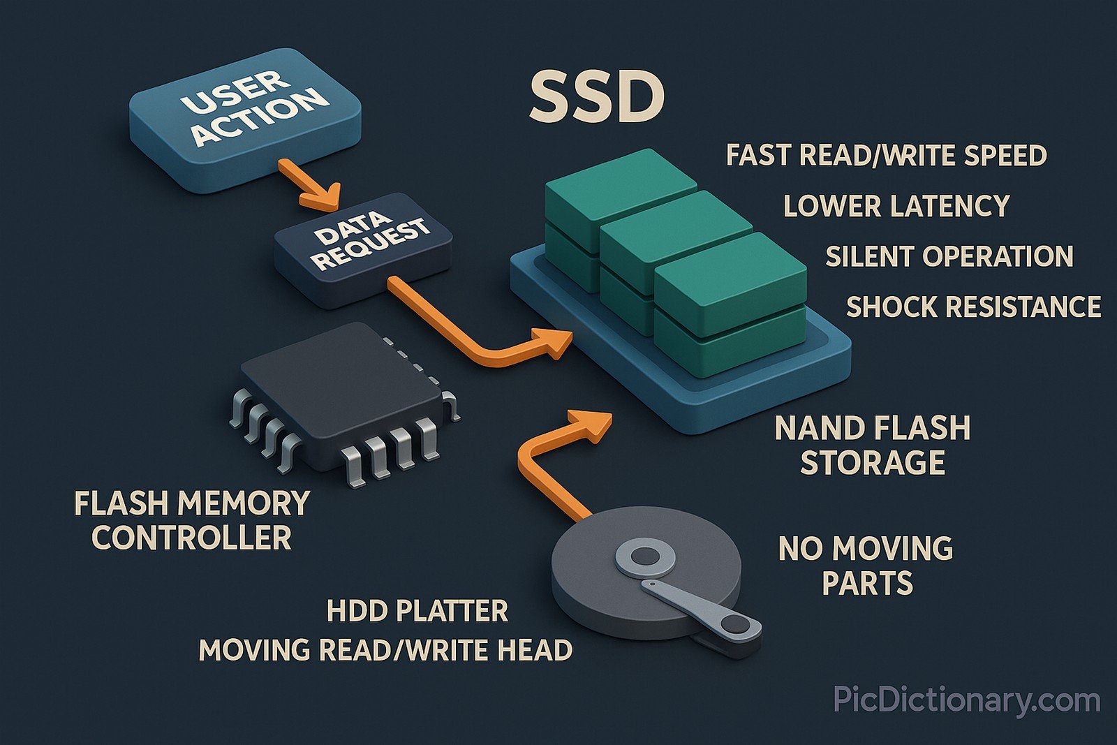 A 3D infographic illustrating how an SSD (Solid-State Drive) works. The workflow begins with a user action, such as opening a file, which triggers a data request. Next, the request goes directly to a flash memory controller (visually shown as a chip). From there, arrows guide the viewer to NAND flash storage blocks, representing the non-volatile memory. A parallel diagram contrasts this with an older HDD platter and moving read/write head, emphasizing that SSDs have no moving parts. 