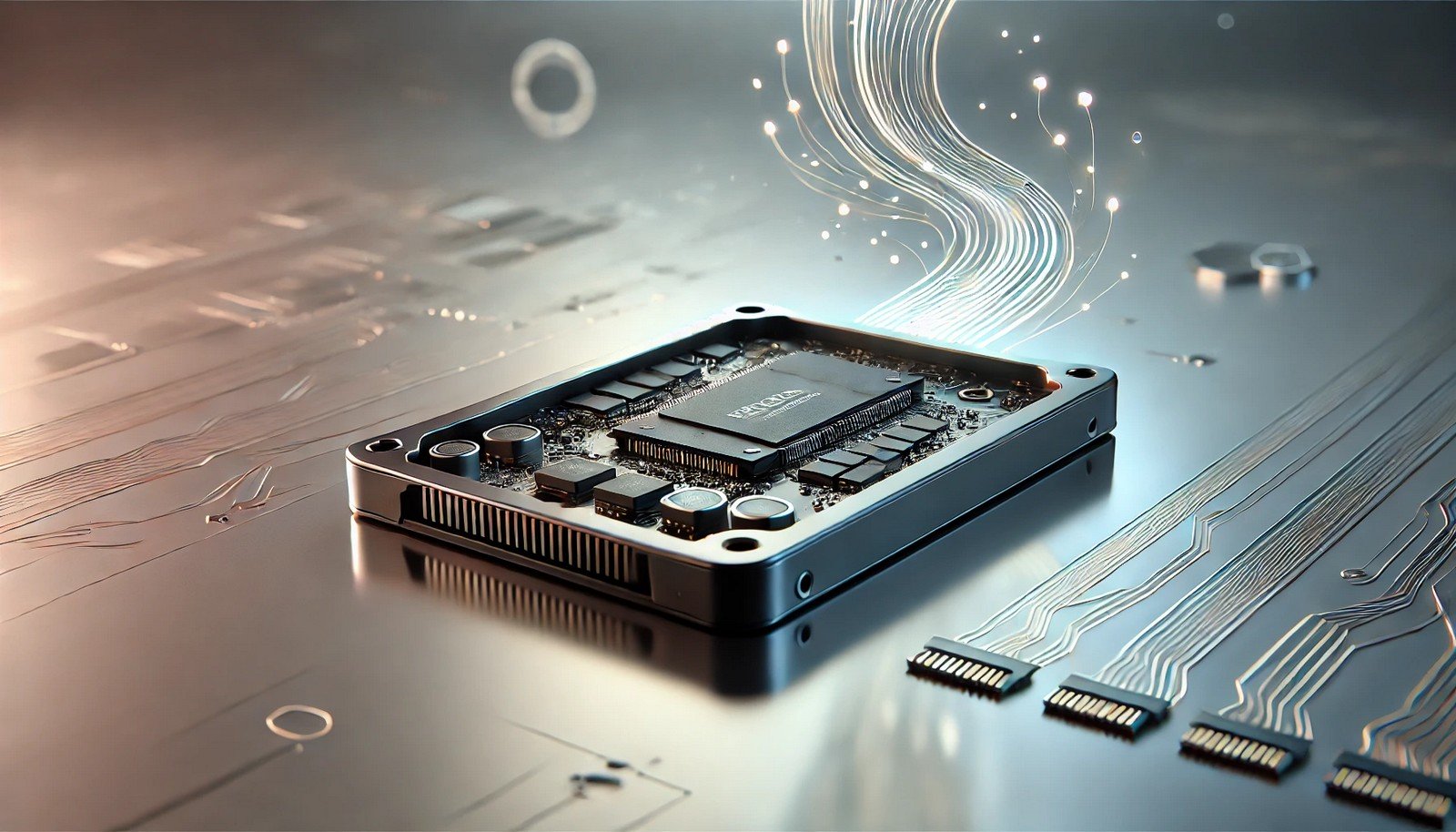 A futuristic illustration of a solid-state drive with visible microchips and glowing data lines representing fast data transfer, placed on a smooth reflective surface with an abstract tech-inspired background