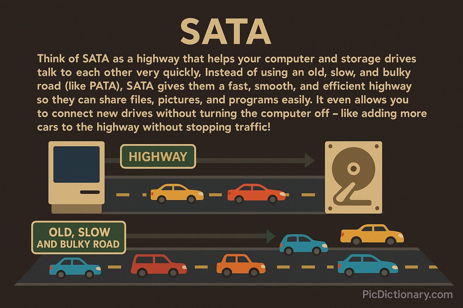 A 2D digital illustration against a dark brown background showing two roads: a fast, modern "HIGHWAY" representing SATA, with colorful cars smoothly traveling between a computer and a hard drive, and a lower "OLD, SLOW AND BULKY ROAD" symbolizing PATA, with older cars in a more cluttered lane. Text explains SATA as a faster, more efficient way for computers and drives to communicate, with the analogy of adding cars to a highway without stopping traffic.