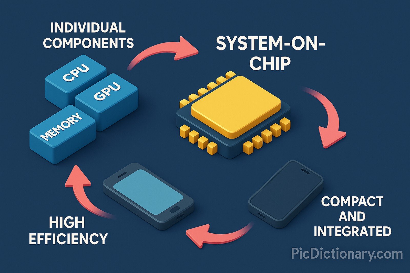 A 3D infographic titled “How a System-on-Chip (SoC) Works” illustrates the concept with a circular workflow on a dark blue background. Starting at the top-left, blue blocks labeled CPU, GPU, and Memory represent individual components. A red arrow points to a golden SoC chip in the center, labeled “System-on-Chip.” Two more red arrows continue the cycle toward a compact smartphone icon labeled “Compact and Integrated,” then to another phone labeled “High Efficiency,” completing the loop.