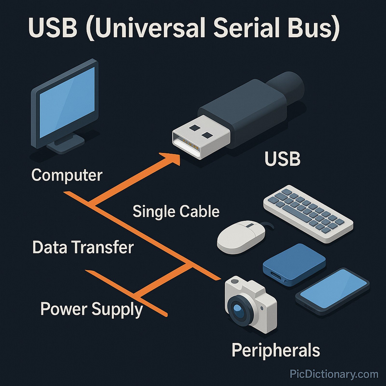 A 3D-style infographic on a dark blue background illustrates the concept of USB (Universal Serial Bus). At the center is a USB Type-A connector branching into three labeled orange arrows. One arrow points left to a computer, representing the source. Two arrows extend downward labeled "Data Transfer" and "Power Supply", both leading to a cluster of peripheral icons: a mouse, keyboard, camera, smartphone, and external drive. 