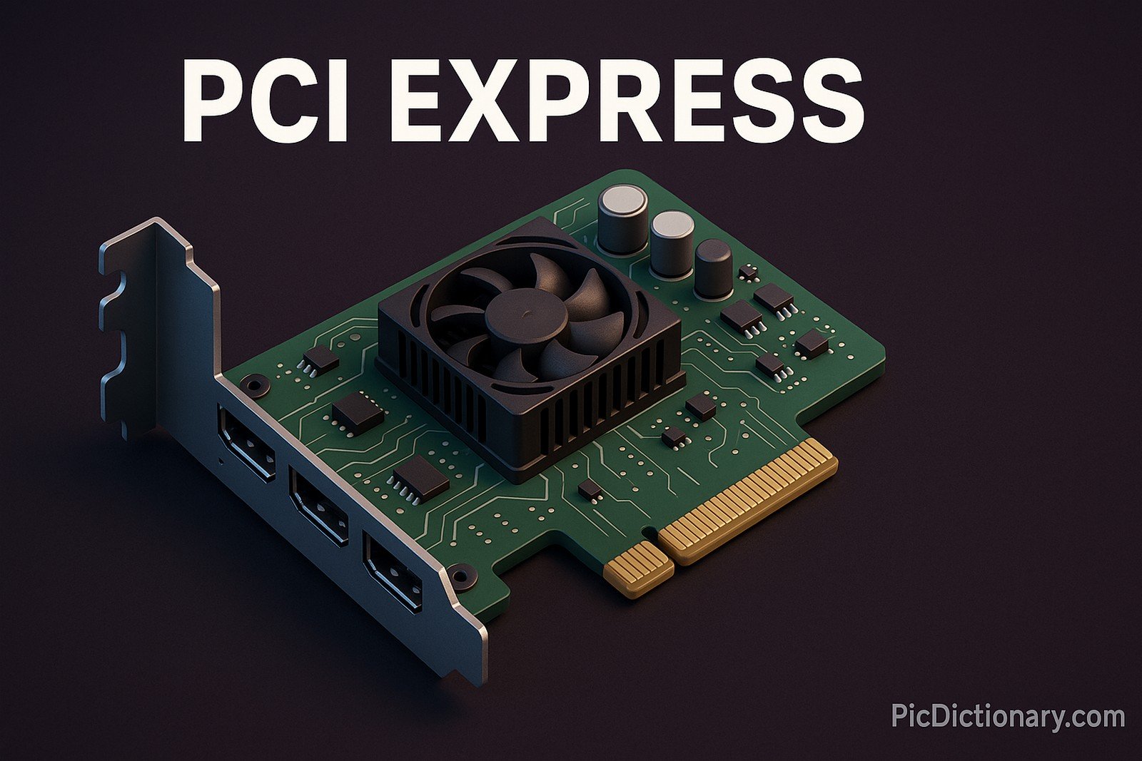 A 3D-rendered digital image showcases a PCI Express expansion card placed diagonally on a dark purple background. The green circuit board features a black heatsink with a cooling fan, visible capacitors, and connectors. Above the card, bold white text reads "PCI EXPRESS."