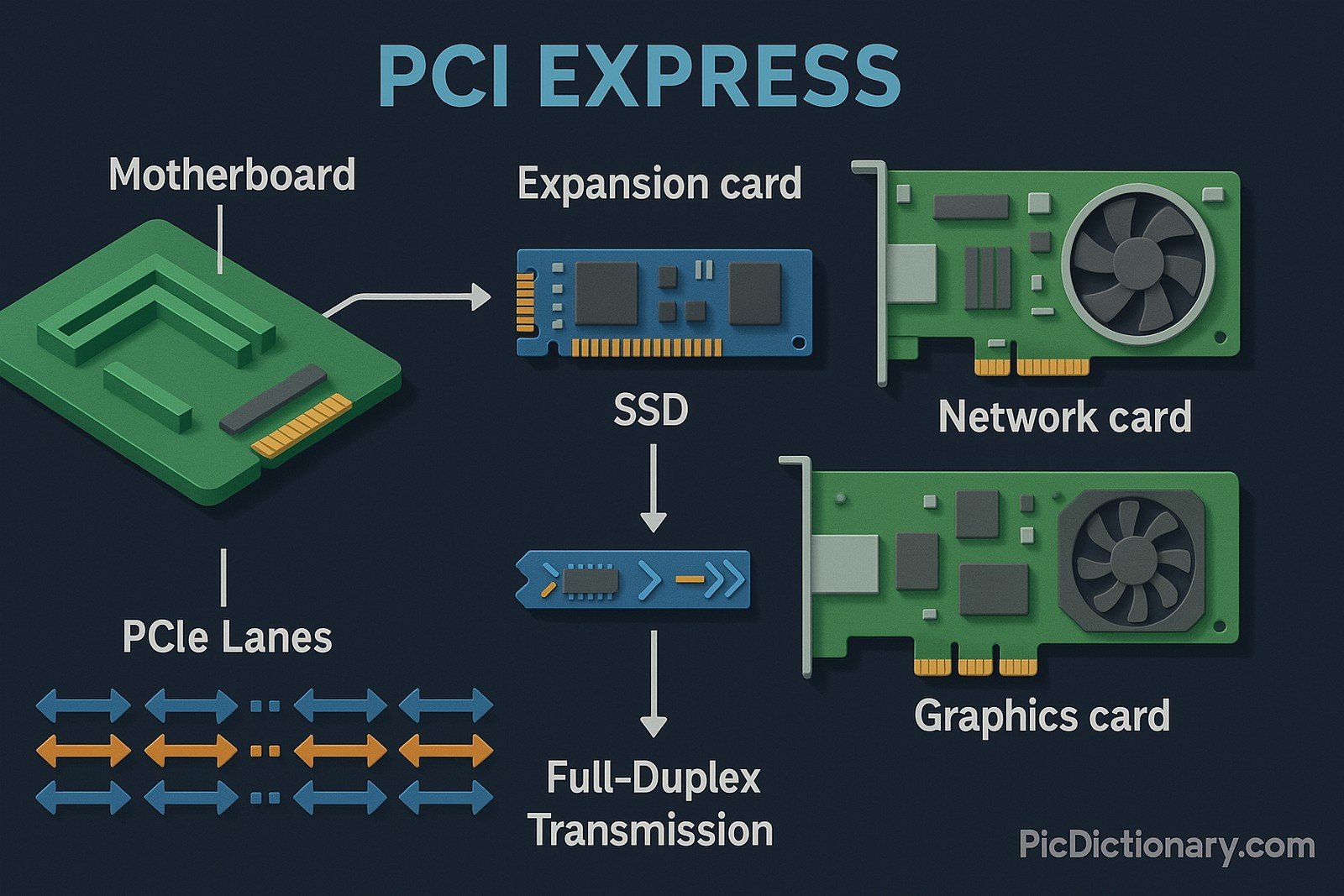 3D infographic showing PCI Express (PCIe) communication from a motherboard to expansion cards—SSD, network card, and graphics card—using labeled arrows for PCIe lanes and full-duplex data transmission, set on a dark blue background with the title "PCI Express"