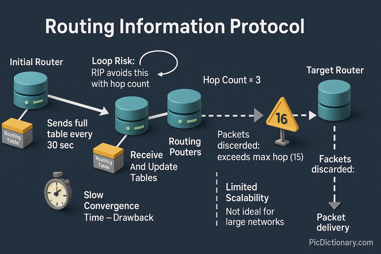 A 3D-style infographic titled "Routing Information Protocol" shows a step-by-step visual explanation of how RIP works. The dark blue background sets off light-colored router icons and arrows that guide the viewer through the process.