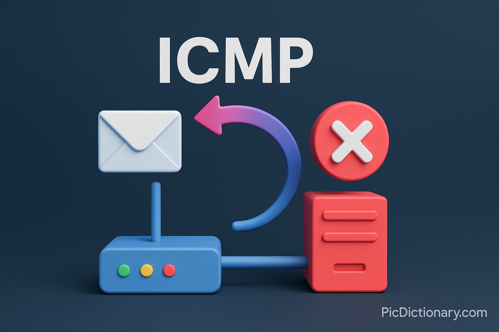 A 3D-rendered digital illustration depicts the concept of ICMP (Internet Control Message Protocol). The center of the image shows the acronym "ICMP" in bold white text. Below, a blue router connects to a red server. Between them, icons represent message communication: an envelope (for message), a curved arrow (for reply or feedback), and a red X (for error or unreachable status). 