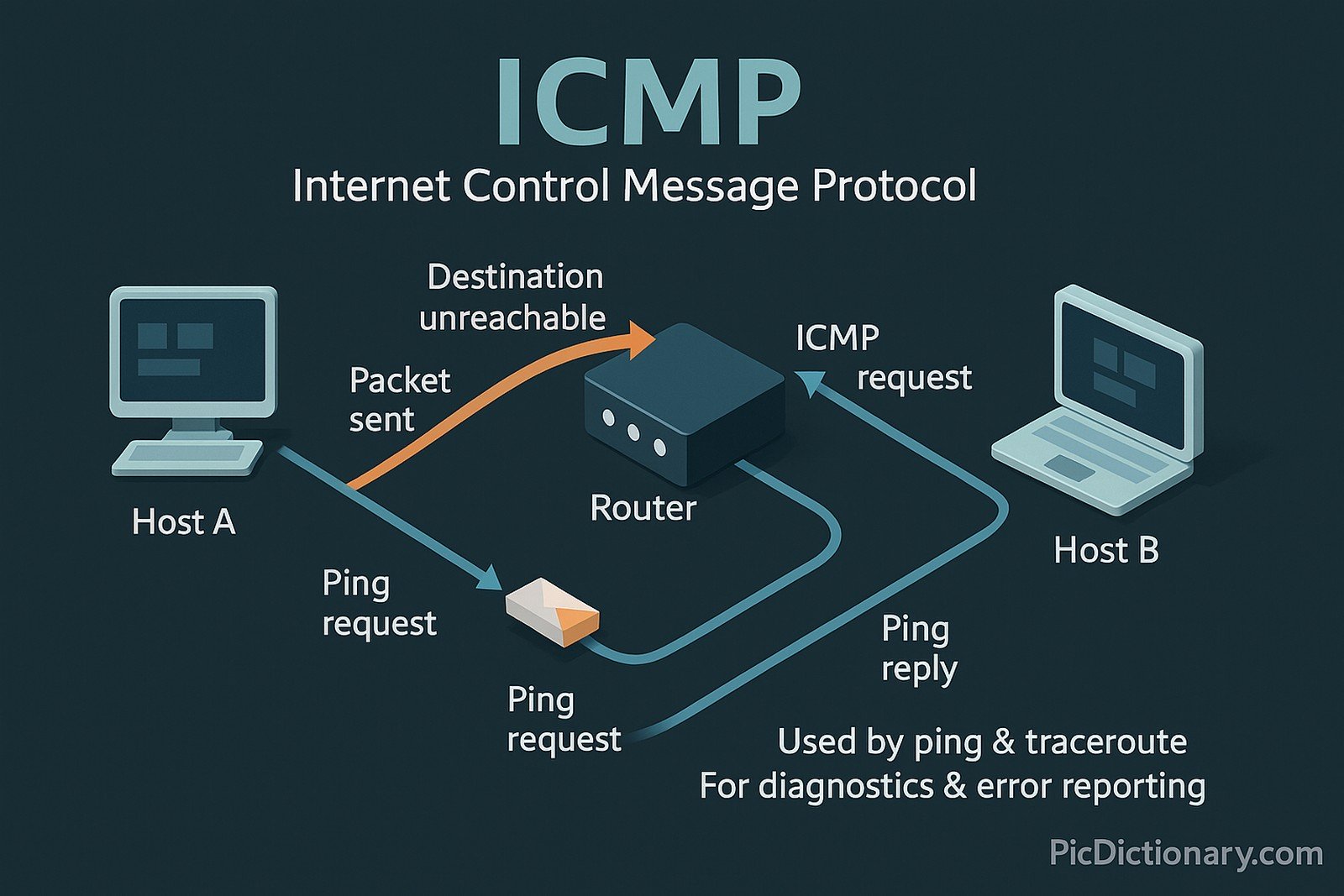 A 3D-style infographic titled "ICMP – Internet Control Message Protocol" on a dark background. The diagram visually explains ICMP communication between two hosts (Host A and Host B) with a router in between. One flow shows Host A sending a packet, which the router rejects with a “Destination unreachable” ICMP error. 