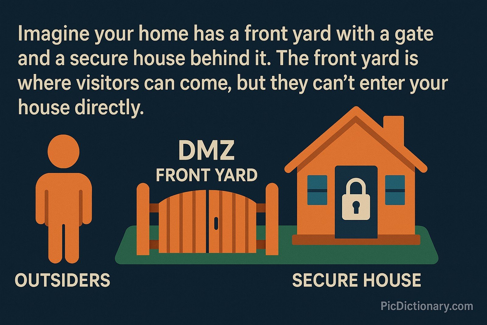 A 2D digital illustration against a dark blue background explains the concept of a DMZ (Demilitarized Zone) using a front yard analogy. On the left, an orange human figure labeled "OUTSIDERS" stands outside a wooden gate labeled "DMZ FRONT YARD." Behind the gate is a secure orange house labeled "SECURE HOUSE," featuring a lock symbol on the door.