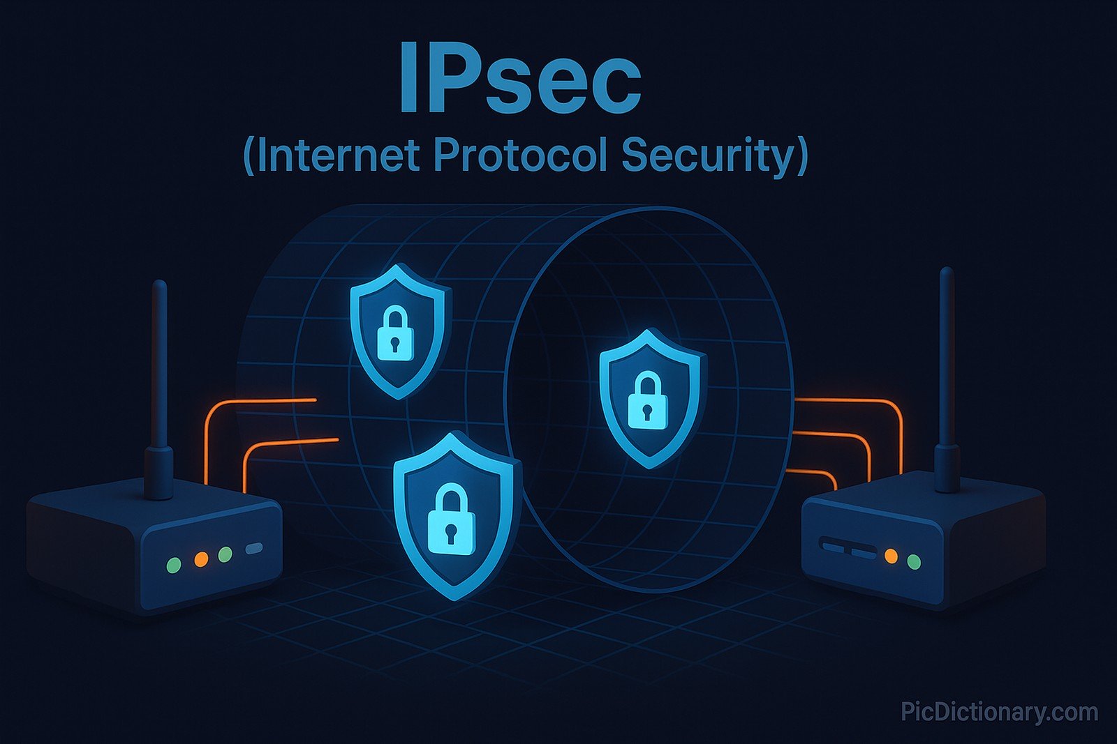 3D rendered illustration representing the concept of IPsec (Internet Protocol Security). The image features a glowing, dark-themed digital network tunnel secured by multiple shield icons with padlocks, symbolizing encrypted data transmission over the internet. On either side of the tunnel, stylized routers or network nodes are connected with lines to indicate secure communication between devices.