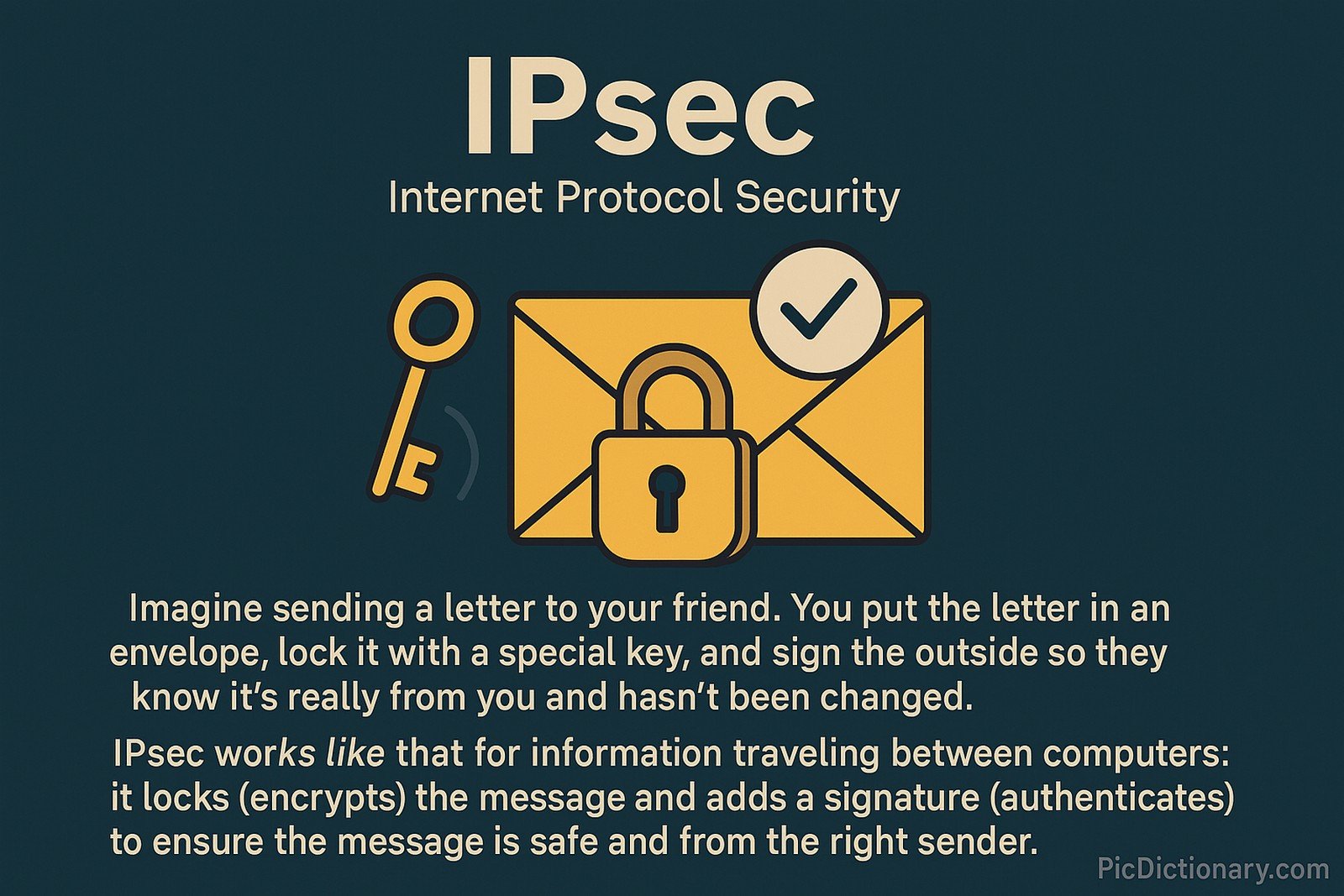 A flat-style 2D illustration explains IPsec (Internet Protocol Security) using a metaphor. A locked yellow envelope with a checkmark represents a secured message, and a key beside it shows encryption. Below, a short explanation compares IPsec to locking and signing a letter to ensure it's secure and authentic.