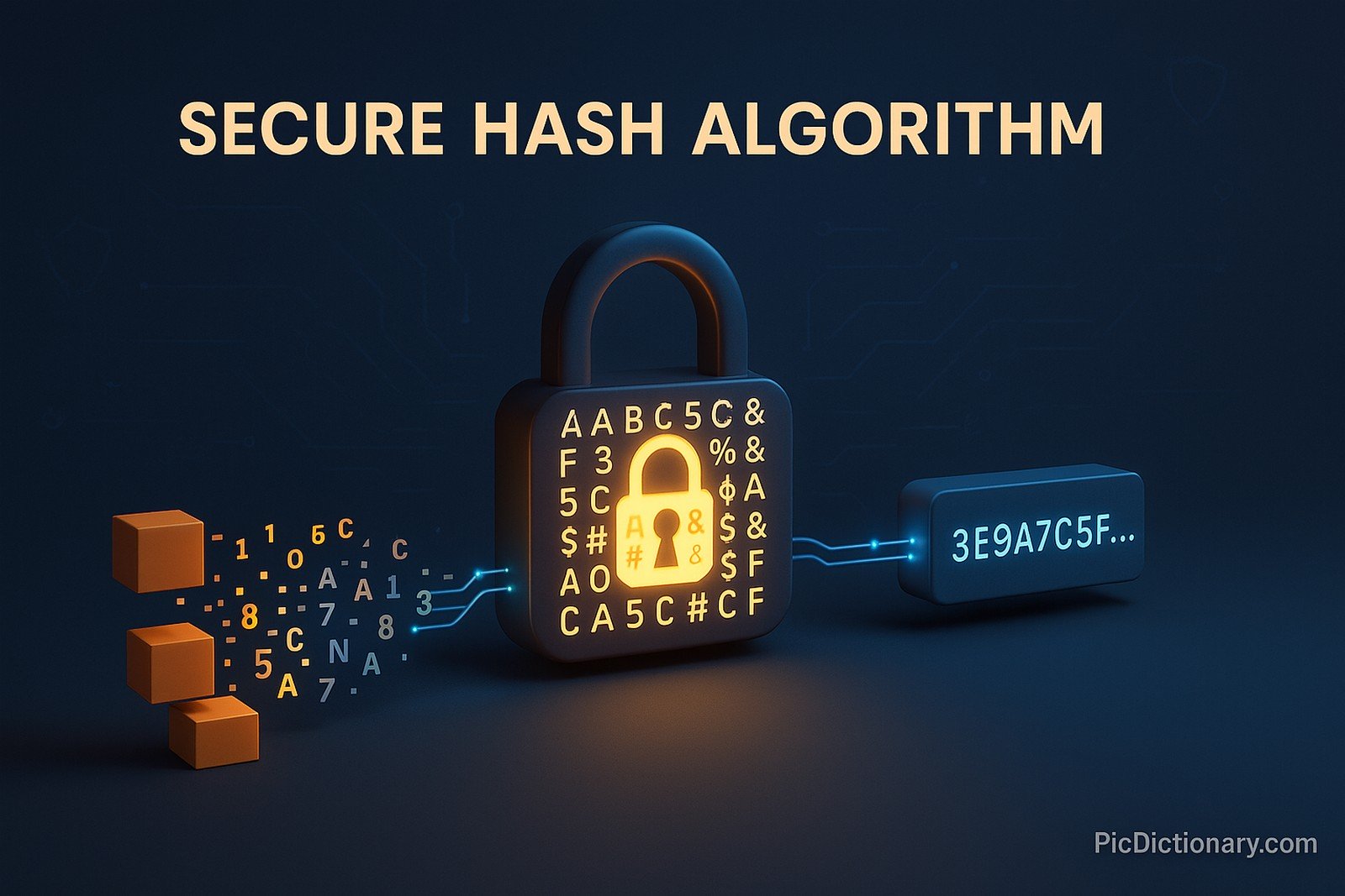 A 3D rendered illustration titled “Secure Hash Algorithm (SHA)” on a dark-themed background. The center of the image shows a glowing digital padlock made of hexadecimal characters and cryptographic symbols, representing data security. Around it, fragmented data blocks flow into the lock and transform into a fixed-length hash output on the other side, resembling a conveyor mechanism.