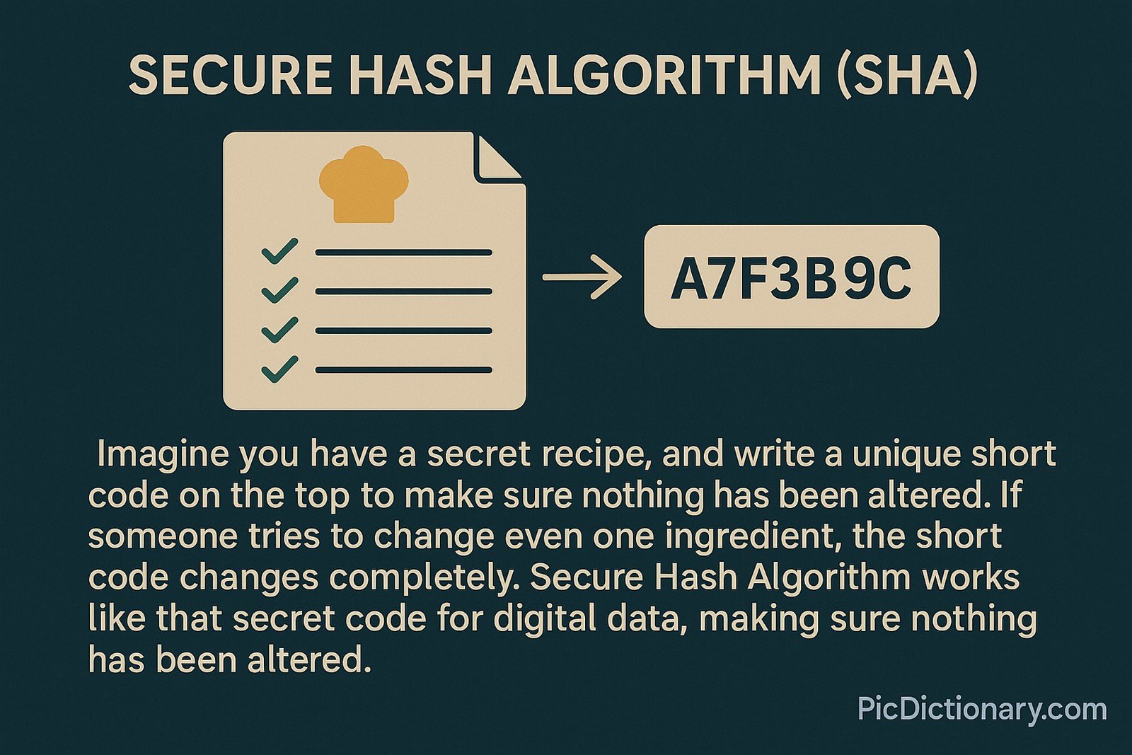 A 2D digital illustration explains the Secure Hash Algorithm (SHA) using a recipe analogy. On the left, a stylized beige recipe card with green checkmarks and a golden chef hat icon is shown. An arrow points from the card to a short hash code, “A7F3B9C,” on the right. Text below describes SHA as a unique code verifying data integrity, changing entirely with any alteration.