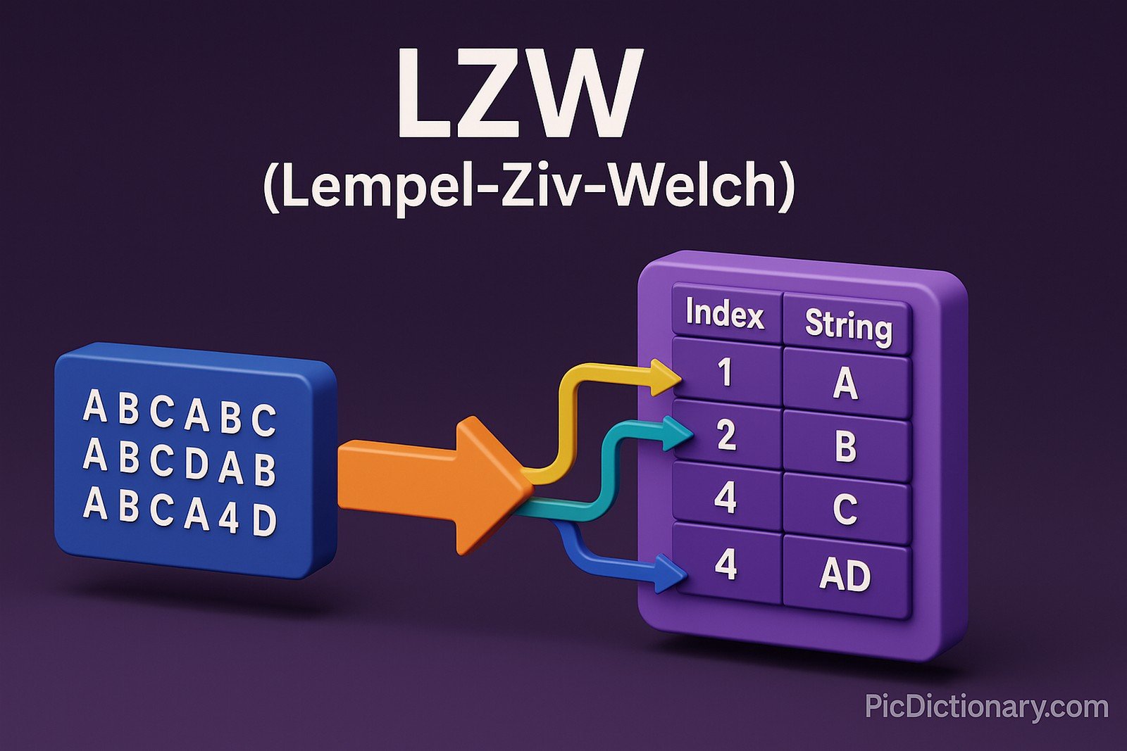 A 3D rendered illustration visualizing the LZW (Lempel-Ziv-Welch) compression algorithm. The image shows a block of plain text on the left being transformed step-by-step into a compressed dictionary table on the right. Colored arrows and labeled boxes represent how repeating patterns are encoded into dictionary entries. 