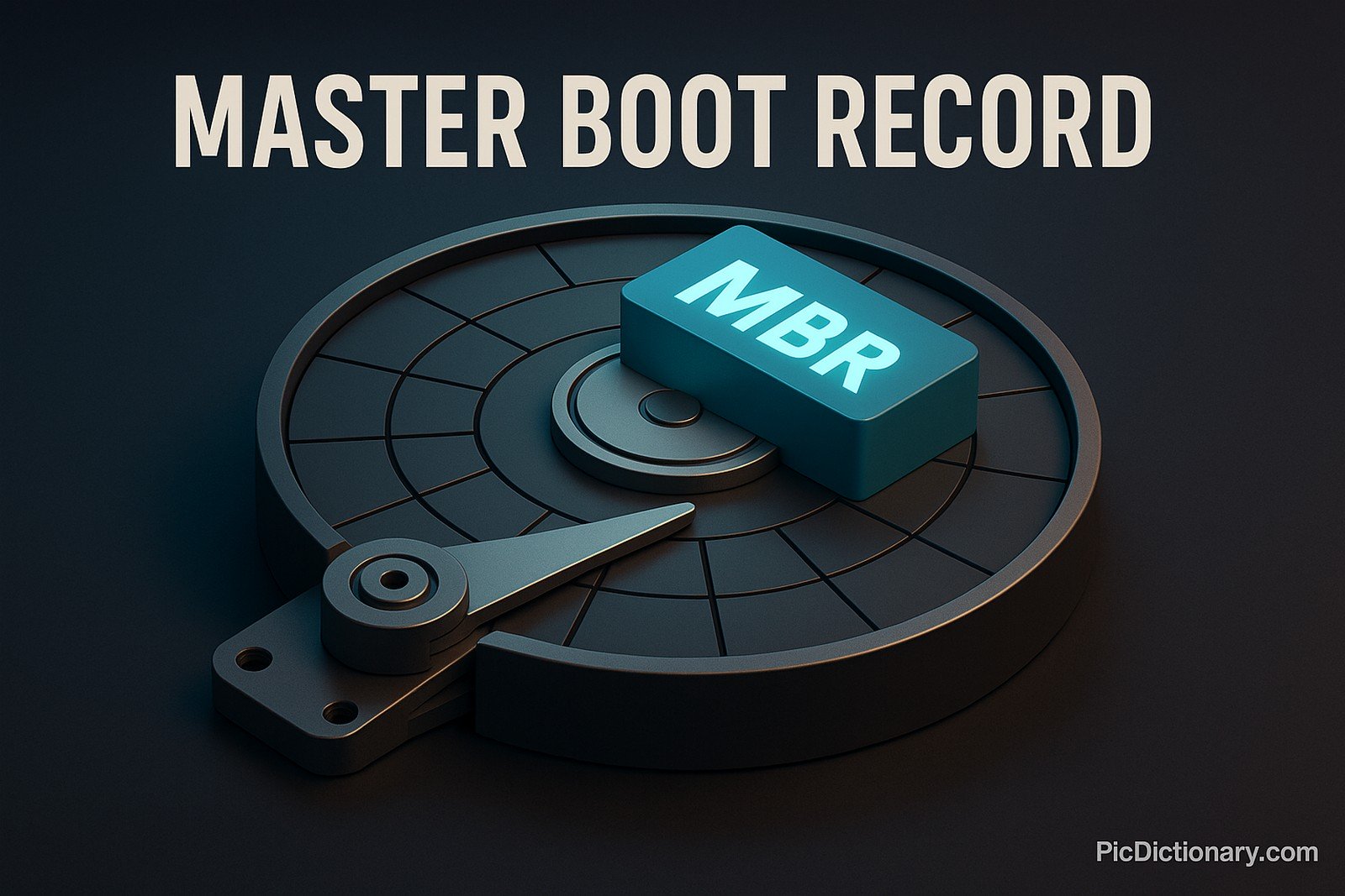 A 3D-rendered digital illustration of a hard disk platter with a glowing "MBR" (Master Boot Record) block prominently displayed near the center. A metallic read/write arm points toward the block, and the platter has sector lines etched into it. Above the disk, the title "MASTER BOOT RECORD" appears in bold white text.