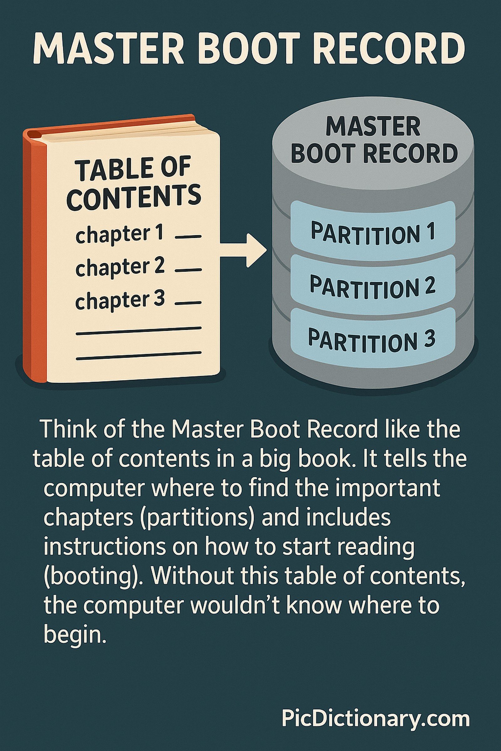 A 2D digital illustration on a dark teal background shows an open book labeled "TABLE OF CONTENTS" with chapter listings and an arrow pointing to a cylindrical disk labeled "MASTER BOOT RECORD" with stacked sections labeled Partition 1, Partition 2, and Partition 3. Below, text explains MBR as a table of contents for computers, guiding the system on where to find partitions and how to start booting.