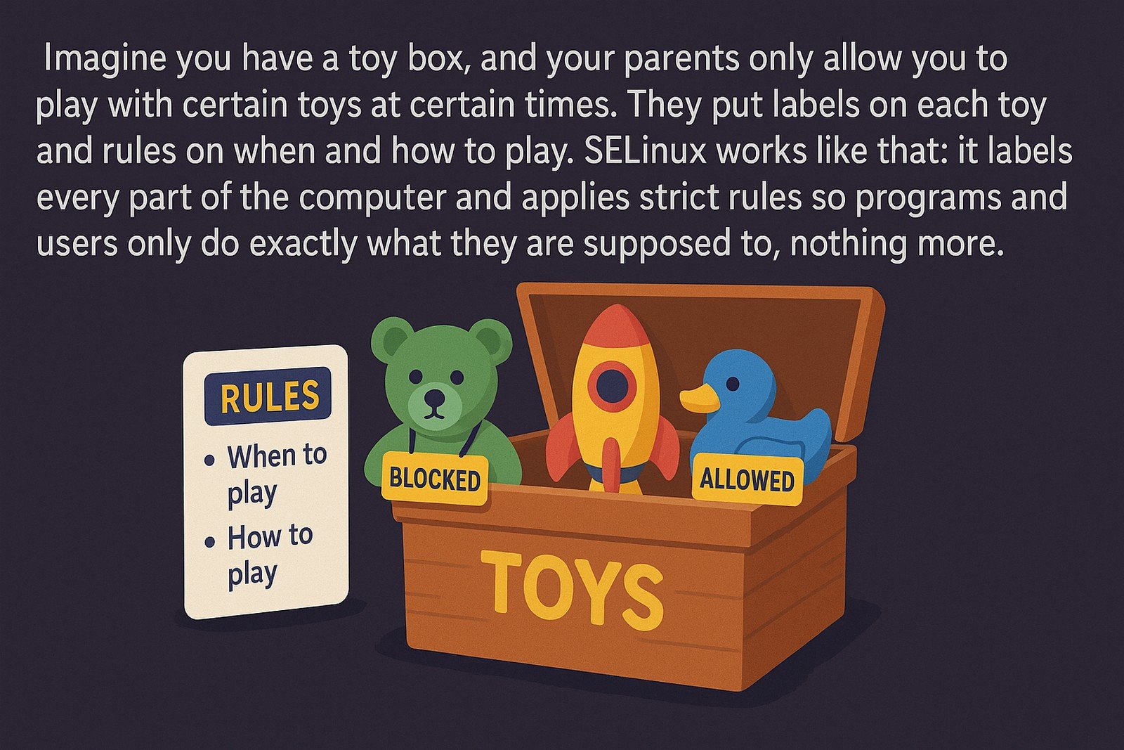 A 2D illustration explaining SELinux using a toy box analogy. The image shows a dark purple background with a wooden toy box labeled "TOYS" containing a rocket and a duck marked "ALLOWED" and a teddy bear labeled "BLOCKED." A sign titled "RULES" lists "When to play" and "How to play." Above, a paragraph explains SELinux as labeling parts of a computer and applying strict rules, like parents controlling which toys a child can play with and when.