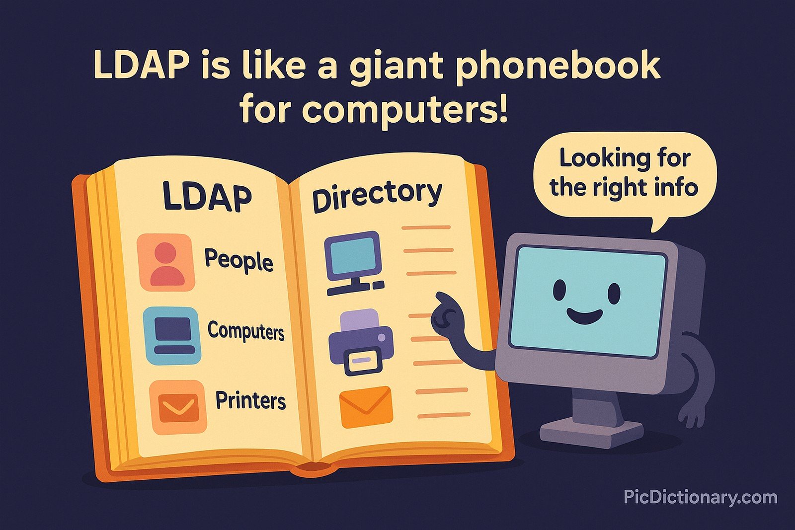 A playful 2D illustration on a dark blue background shows a large open book titled "LDAP Directory." The left page has colorful icons labeled "People," "Computers," and "Printers," representing different types of information stored. A smiling computer character with arms is flipping through the right page, which shows matching icons and lines symbolizing directory entries. 