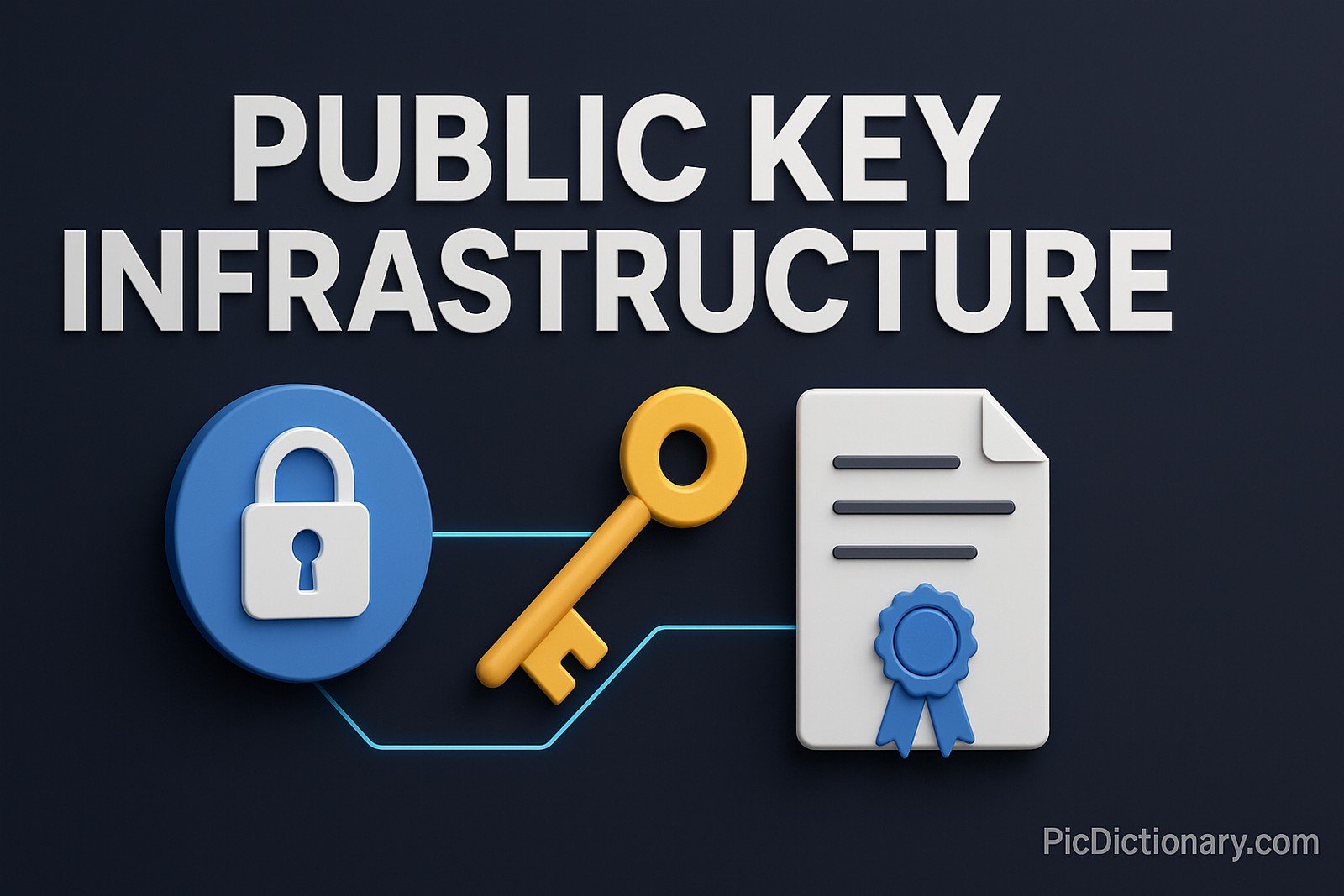 A 3D-rendered digital image features the bold, white text "PUBLIC KEY INFRASTRUCTURE" centered against a dark blue gradient background. Below the text, three 3D icons are connected by glowing blue lines: a blue padlock symbolizing security, a golden-yellow key representing cryptographic keys, and a white document with a blue seal indicating digital certificates. 