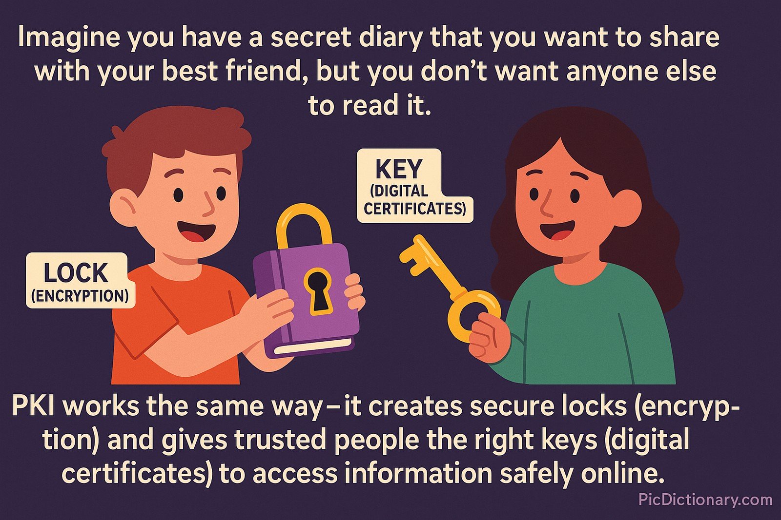 "A colorful, illustrative scene depicts two friends sharing a diary secured by a special lock and a unique key. One friend happily holds the diary, while the other holds the exclusive key, highlighting secure sharing. Clear text labels explain how this symbolizes encryption (lock) and digital certificates (key), visually simplifying the concept of Public Key Infrastructure (PKI).