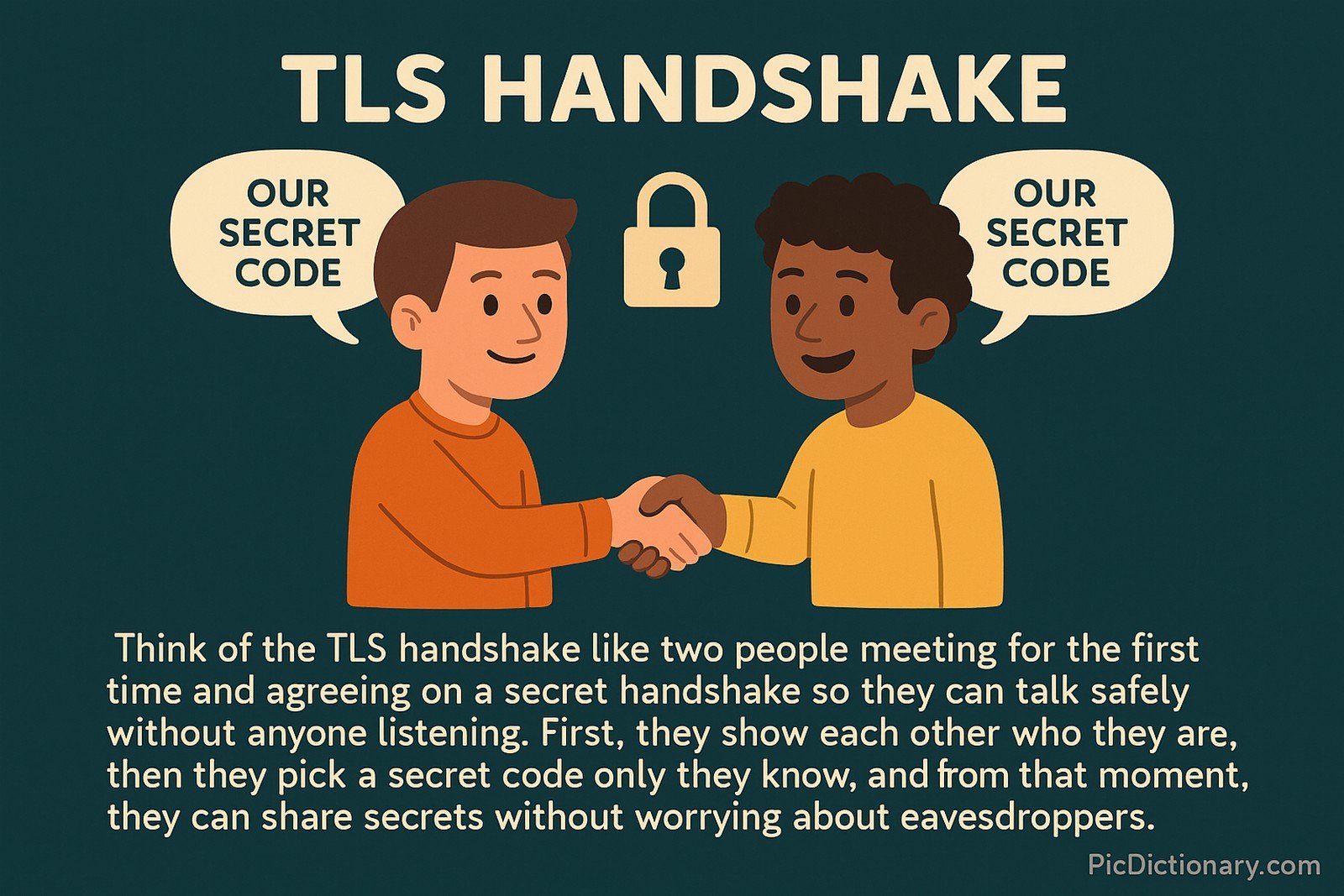 "Illustration showing two cartoon characters shaking hands, symbolizing the TLS handshake. Each character has a speech bubble that says 'OUR SECRET CODE,' and a lock icon is placed between them above the handshake. The background is dark teal. Below, a short paragraph explains the TLS handshake in simple terms: two people meet, verify each other, agree on a secret code, and communicate securely without eavesdroppers.