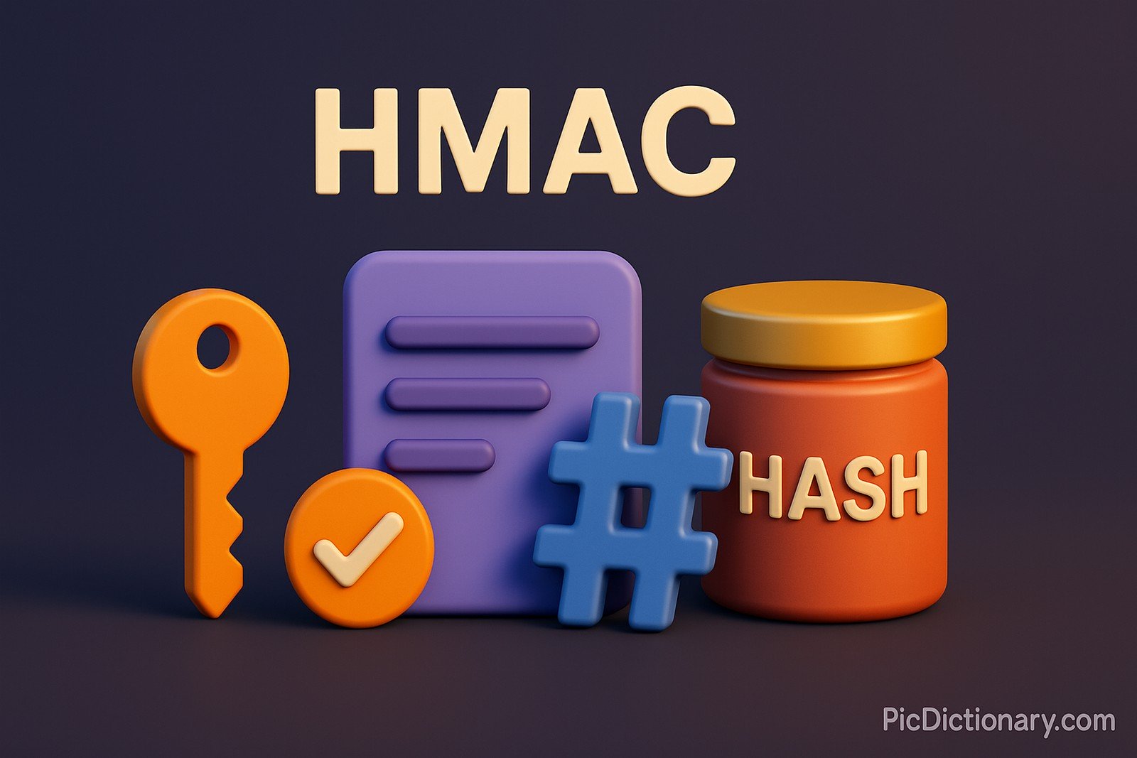A 3D-rendered digital illustration features the word "HMAC" in bold cream-colored letters at the top against a dark purple-to-blue gradient background. Below it, four 3D objects are displayed: an orange key symbolizing a secret key, a purple document representing data, a blue hash (#) symbol, and a red-orange jar labeled "HASH," representing the hashing process. 