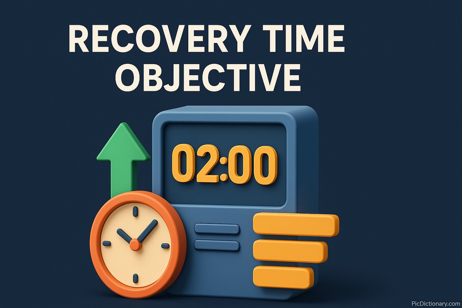A 3D-rendered digital illustration visualizing the concept of Recovery Time Objective (RTO) in a 16:9 format, featuring a large dark blue timer displaying '02:00', a green upward-pointing arrow, an orange-rimmed analog clock, and three horizontal orange bars, all set against a dark navy background.