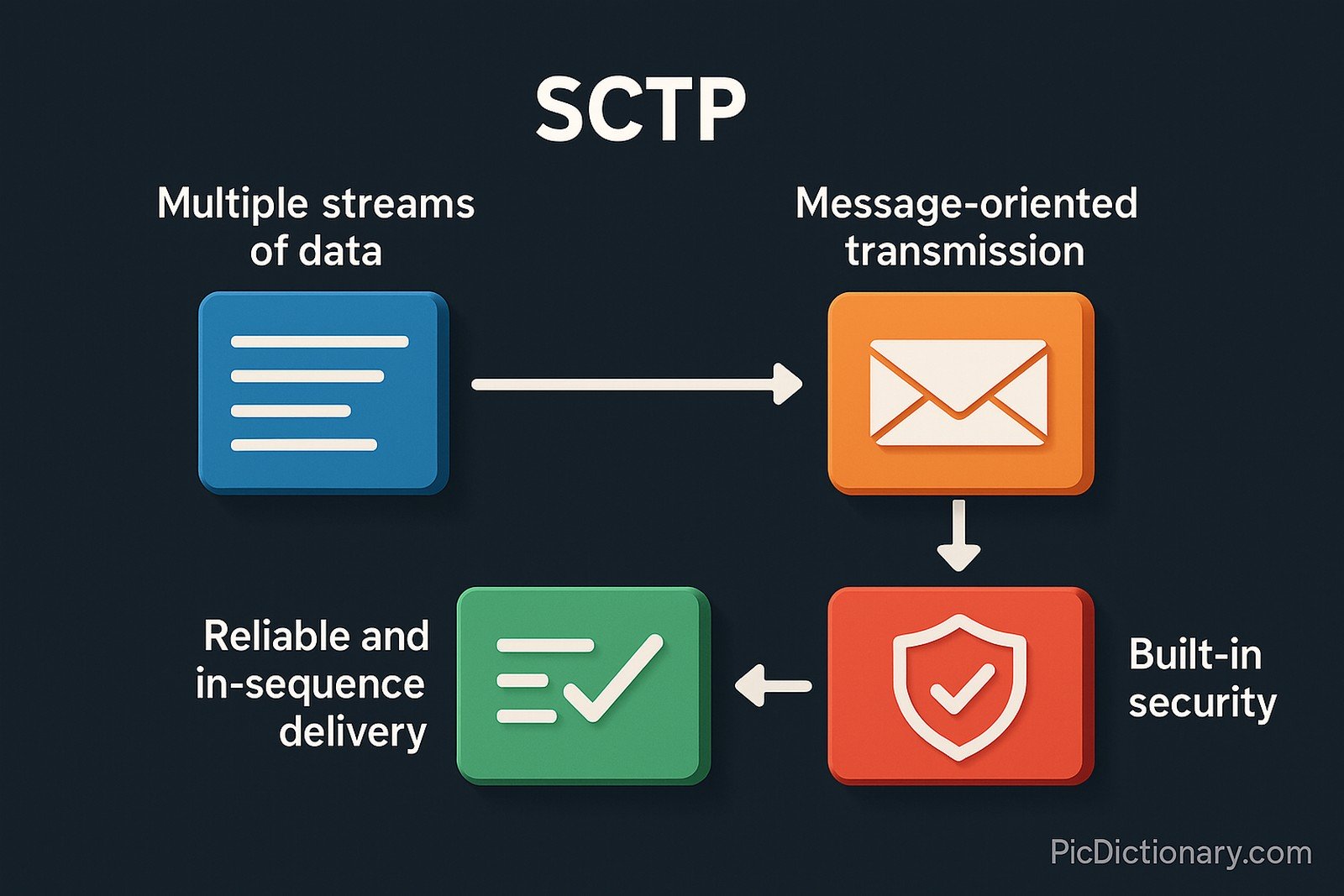  A 3D-style infographic diagram illustrating the SCTP process. It features four labeled blocks: "Multiple streams of data" (blue), "Message-oriented transmission" (orange with mail icon), "Reliable and in-sequence delivery" (green with checkmark), and "Built-in security" (red with shield icon). White arrows connect the blocks in a logical flow on a dark navy background. 
