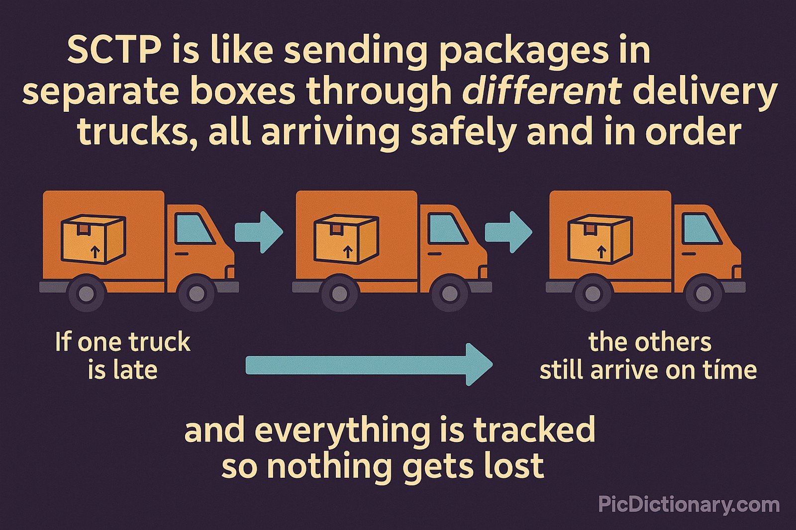 A 2D digital illustration explaining SCTP using three orange delivery trucks, each carrying a package and moving in sequence. Text reads: "SCTP is like sending packages in separate boxes through different delivery trucks, all arriving safely and in order." Below the trucks, it says: "If one truck is late, the others still arrive on time," and "everything is tracked so nothing gets lost."