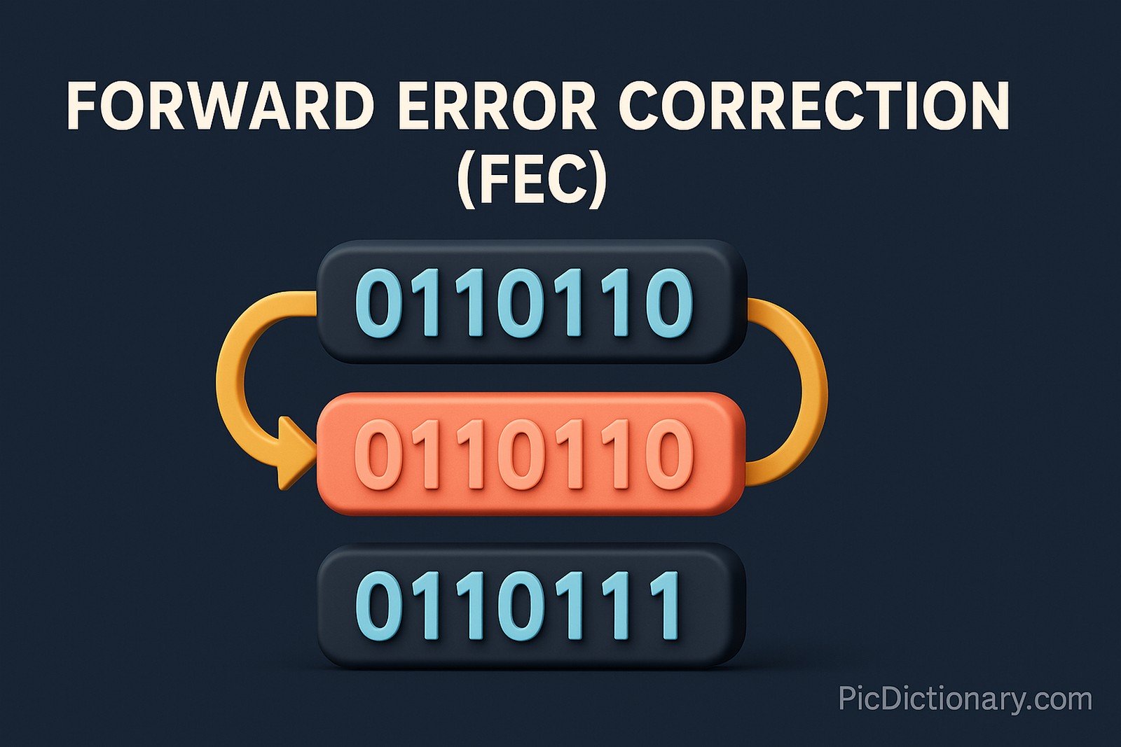 A 3D-rendered digital illustration visualizing Forward Error Correction (FEC) with binary data blocks and looping arrows showing error correction. 