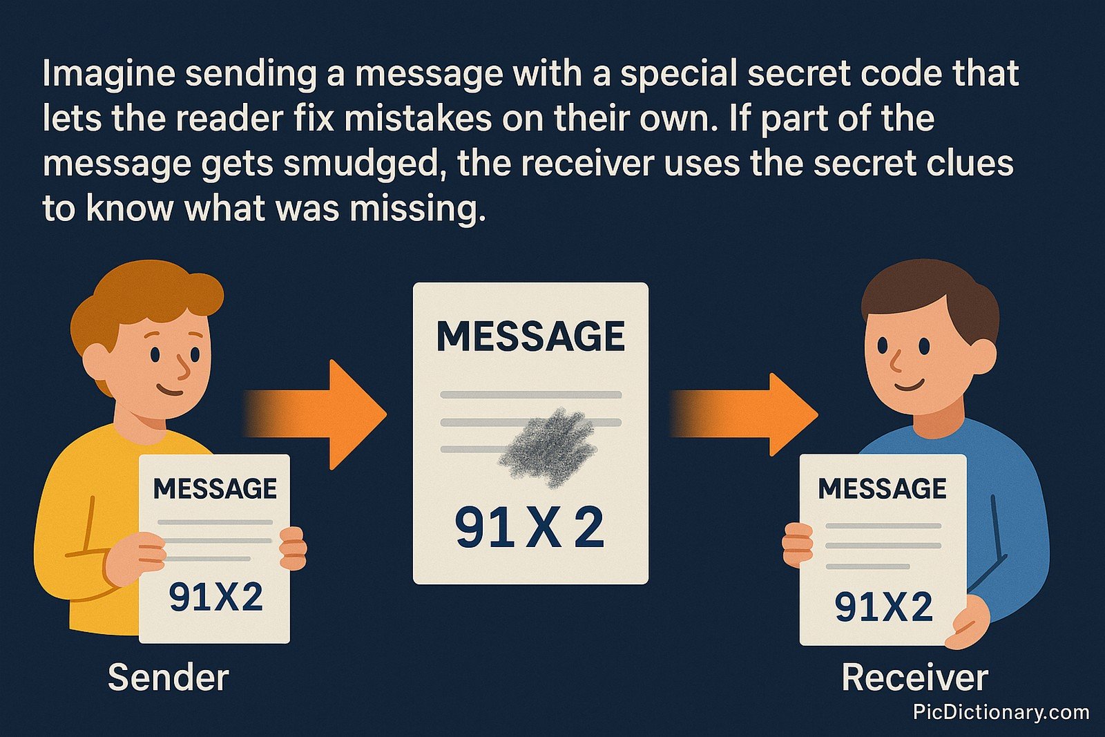 A 2D digital illustration visually explains Forward Error Correction (FEC). A sender holding a message labeled "91X2" transmits it, but the message arrives with a smudge. The receiver, using clues from the rest of the message, restores it back to "91X2". The illustration includes large arrows showing the flow from sender to message to receiver, with text at the top describing the FEC concept.