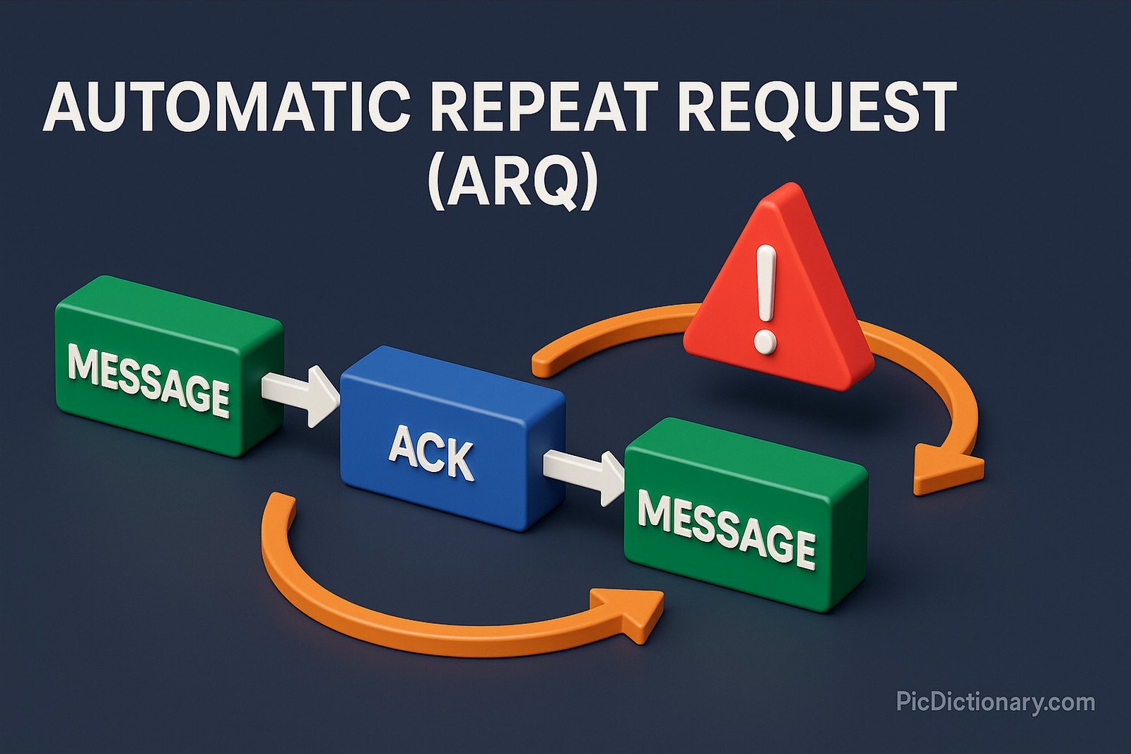 A 3D-rendered digital image illustrates the concept of Automatic Repeat Request (ARQ). The scene shows a green block labeled "MESSAGE" pointing to a blue block labeled "ACK" (Acknowledgment), which then points to another green "MESSAGE" block. An error triangle with an exclamation mark sits above the second message block, symbolizing a transmission error. Two curved orange arrows loop the message back to the start, representing the retry mechanism. 