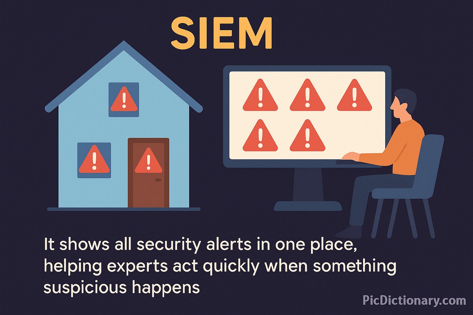  A flat-style digital illustration on a dark background showing a house with alarm icons on its windows and door, next to a person monitoring a computer screen filled with red warning signs.