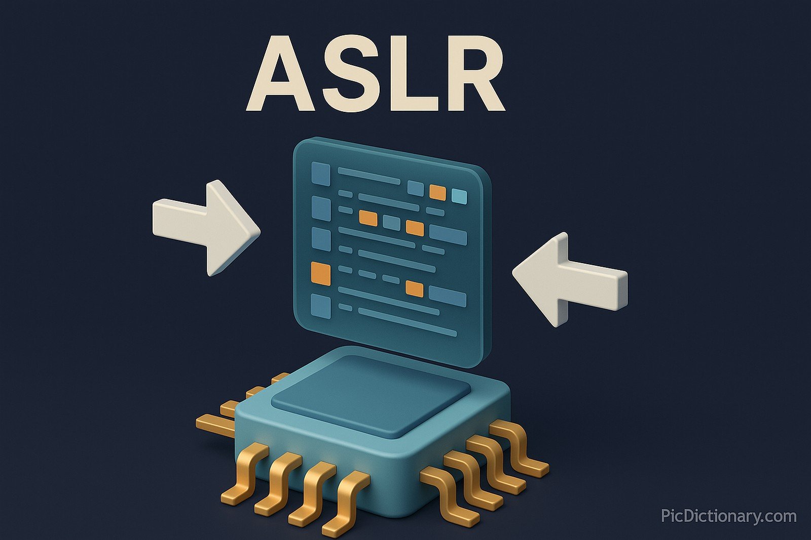 A 3D-rendered digital graphic illustration features Address Space Layout Randomization (ASLR). Centered in the image is a blue microprocessor with golden pins, topped by a floating semi-transparent memory grid displaying randomized code blocks. Two large arrows point inward and outward, representing dynamic memory allocation. 