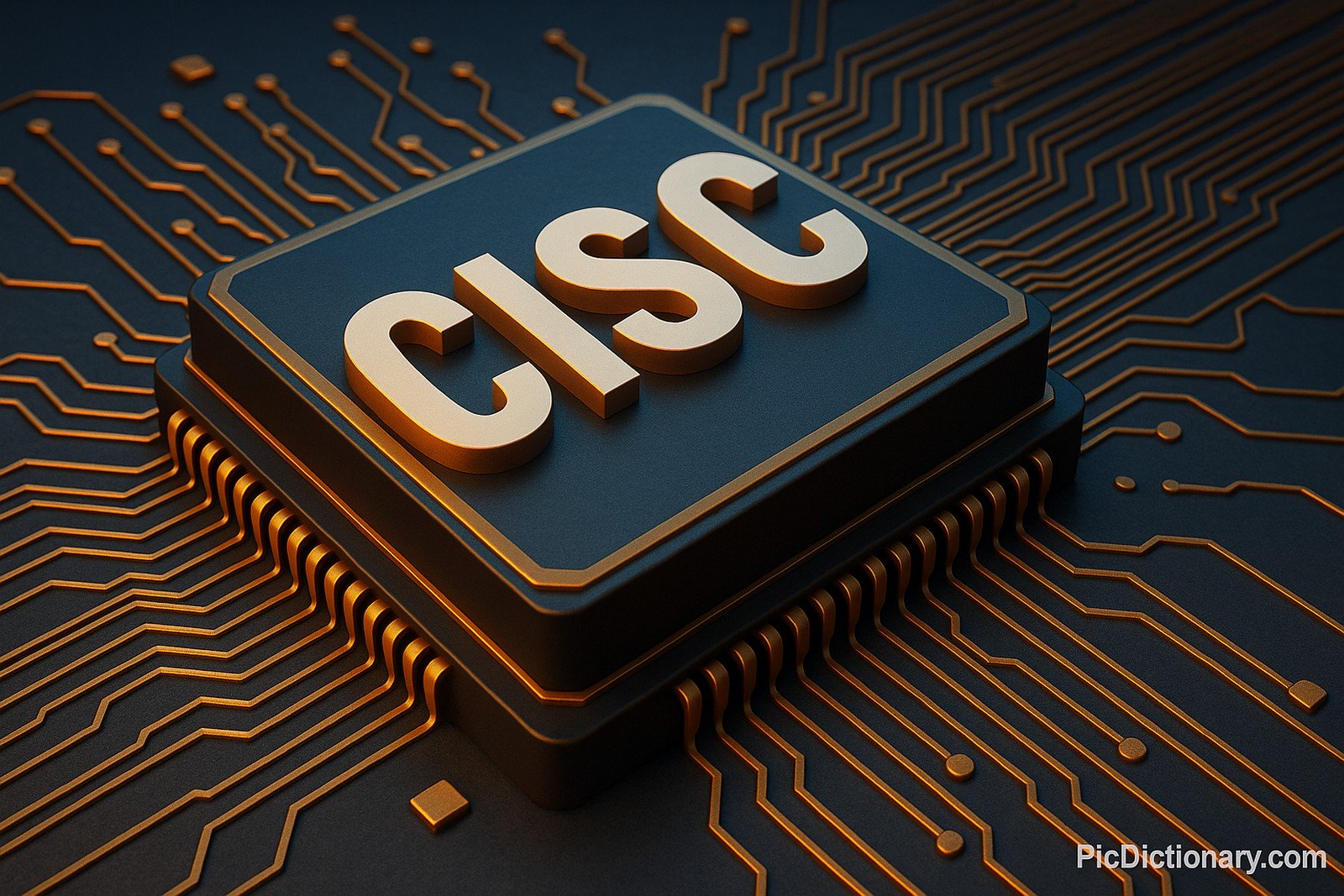 A 3D-rendered digital image visually represents CISC (Complex Instruction Set Computing), showing a central microchip labeled “CISC” in large bold letters on a dark blue circuit board with glowing gold lines. 