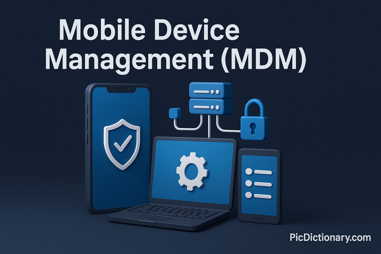 A 3D-rendered digital illustration features the title "Mobile Device Management (MDM)" at the top, with a dark blue background. Below the title, a smartphone with a shield icon, a laptop displaying a gear icon, and a tablet with list symbols are arranged prominently. These devices are connected to a server icon and a padlock, symbolizing centralized control and security.