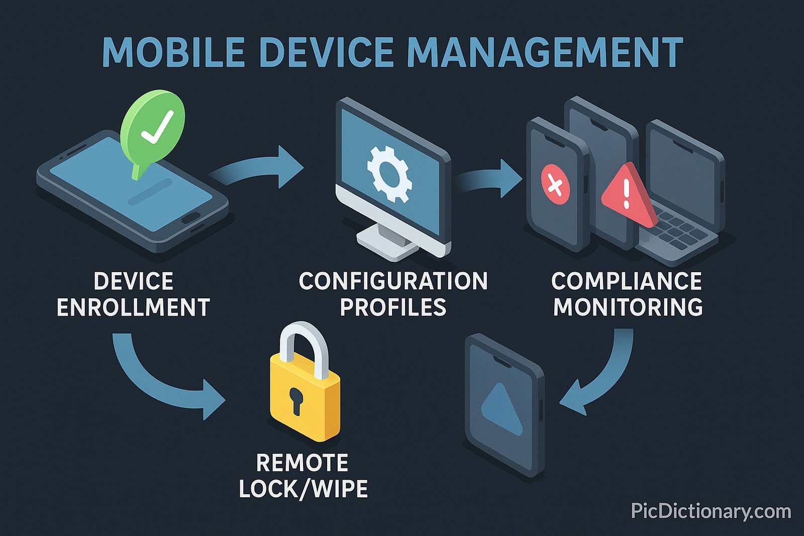 A 3D-style infographic on a dark blue background titled "MOBILE DEVICE MANAGEMENT" illustrates the MDM process with four isometric visuals connected in a clockwise flow: a smartphone labeled "Device Enrollment," a desktop screen labeled "Configuration Profiles," multiple mobile/laptop devices labeled "Compliance Monitoring" with warning icons, and a padlock icon labeled "Remote Lock/Wipe."