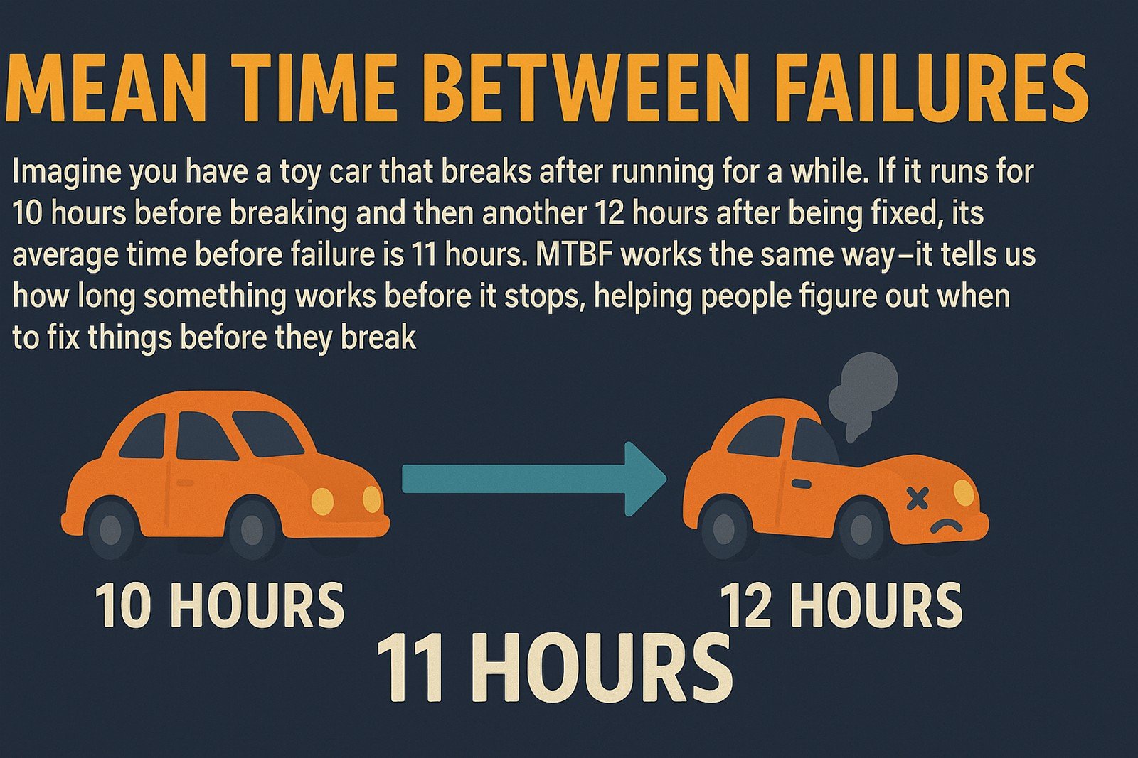 A 2D educational illustration on a dark blue background explaining Mean Time Between Failures (MTBF). The title "MEAN TIME BETWEEN FAILURES" appears at the top in bold orange text. Below it, a simple explanation describes a toy car that runs 10 hours before breaking and another 12 hours after repair, with an average MTBF of 11 hours. Two orange toy cars illustrate this: a functioning car on the left labeled "10 HOURS" and a broken, smoking car on the right labeled "12 HOURS," connected by a turquoise arrow with "11 HOURS" in the center.