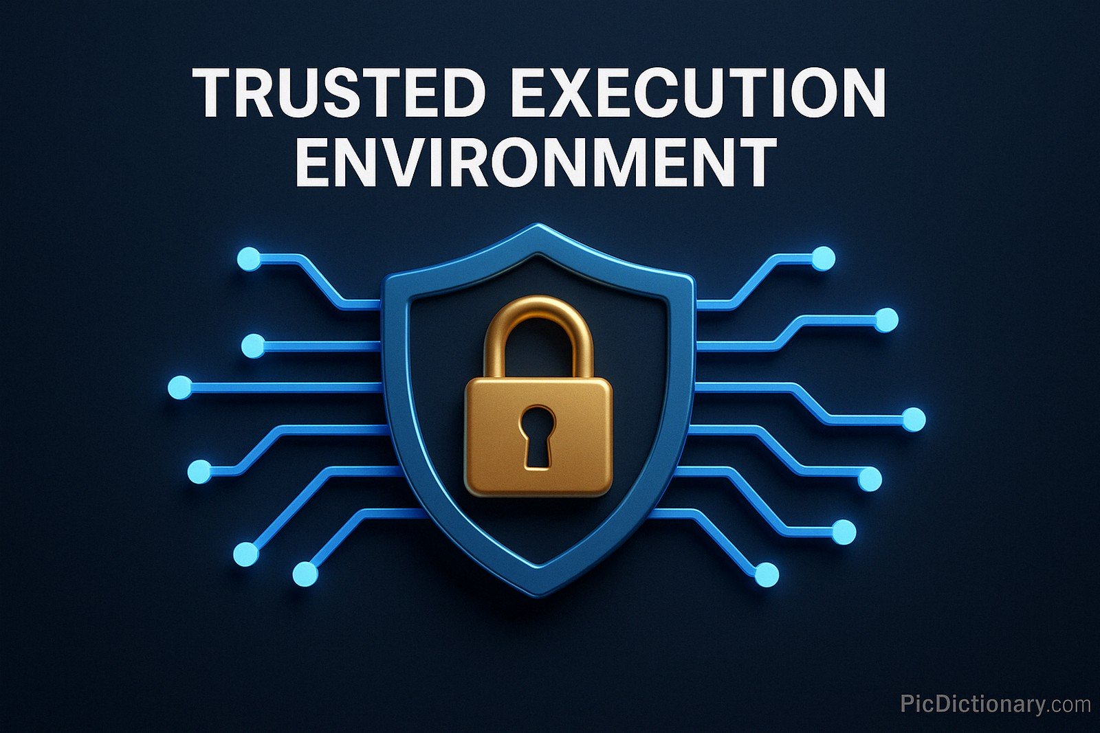 A 3D-rendered digital image illustrates the concept of a Trusted Execution Environment (TEE). A metallic shield with a gold padlock is centered against a dark blue gradient background. Radiating from the shield are symmetrical glowing blue circuitry lines.