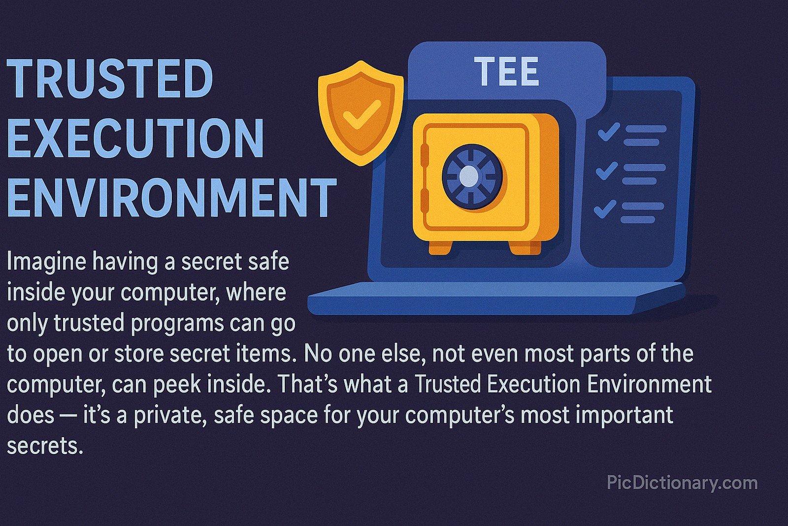 A flat-style digital illustration explaining a Trusted Execution Environment (TEE). The left side features the title “Trusted Execution Environment” in bold blue text and a short paragraph that compares TEE to a secret safe inside a computer. On the right, a dark blue laptop screen displays a secure yellow safe marked "TEE" with a shield icon, indicating restricted access.