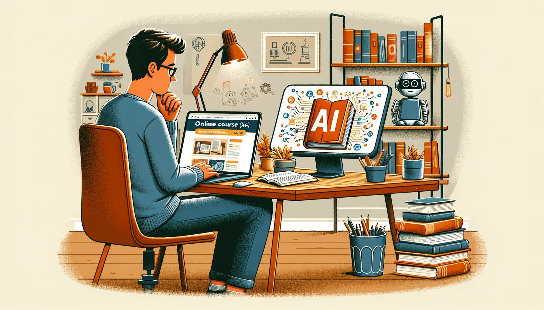  A  person  reading  an  introductory  book  on  AI  at  a  cozy  desk  with  a  laptop  open  showing  an  online  course  website  The  room  has  a  warm  inviting  ambiance