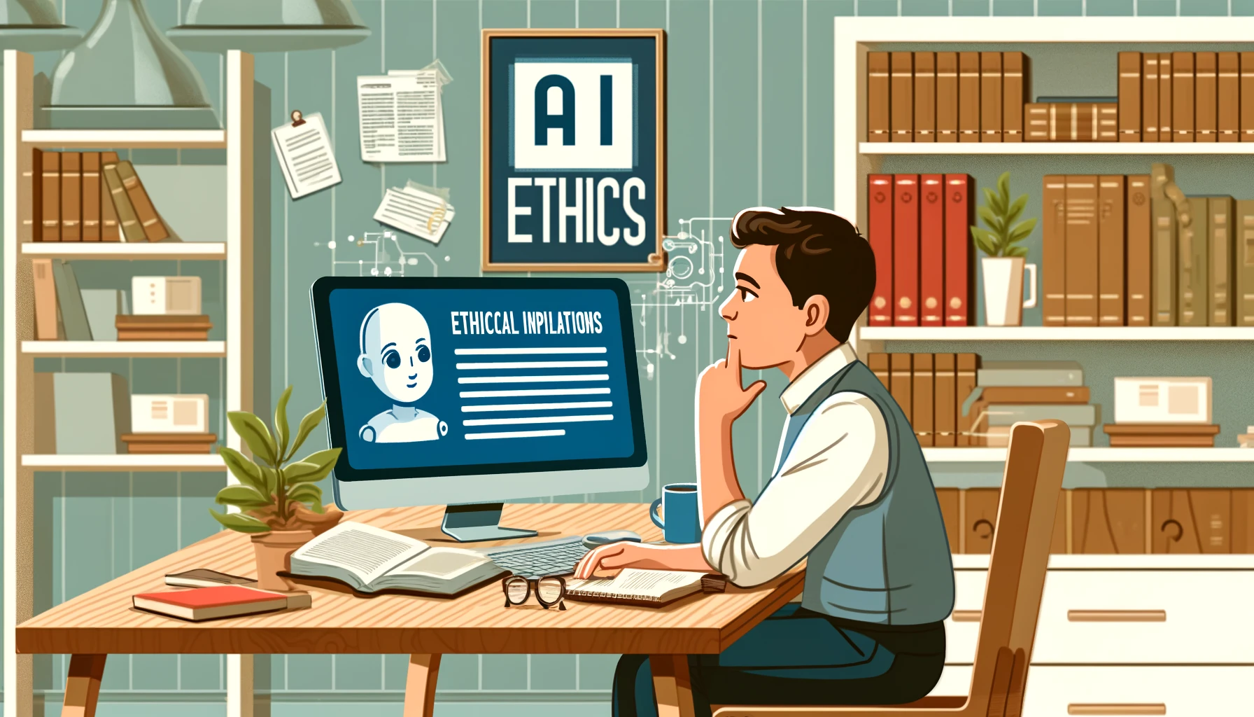  A  person  pondering  ethical  implications  of  AI  sitting  at  a  desk  with  a  thoughtful  expression  The  desk  has  a  computer  screen  displaying  an  article