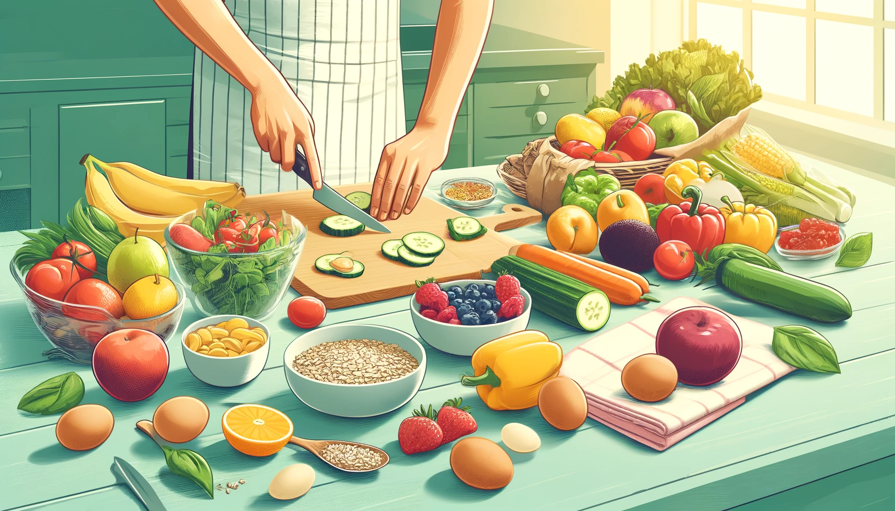 A  person  preparing  meals  in  a  kitchen  with  various  healthy  foods  like  fruits  vegetables  and  grains  laid  out  on  the  counter  The  scene  is  bright  