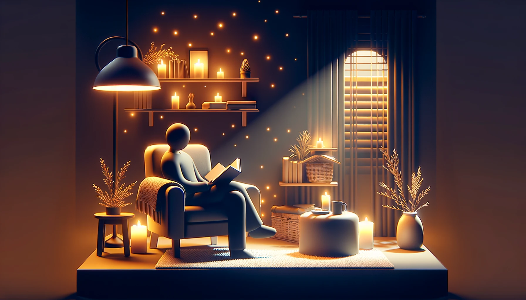 An  evening  scene  with  a  person  winding  down  by  reading  a  book  with  a  cozy  setup  including  soft  lighting  a  comfortable  chair  and  a  warm  drink  nearby